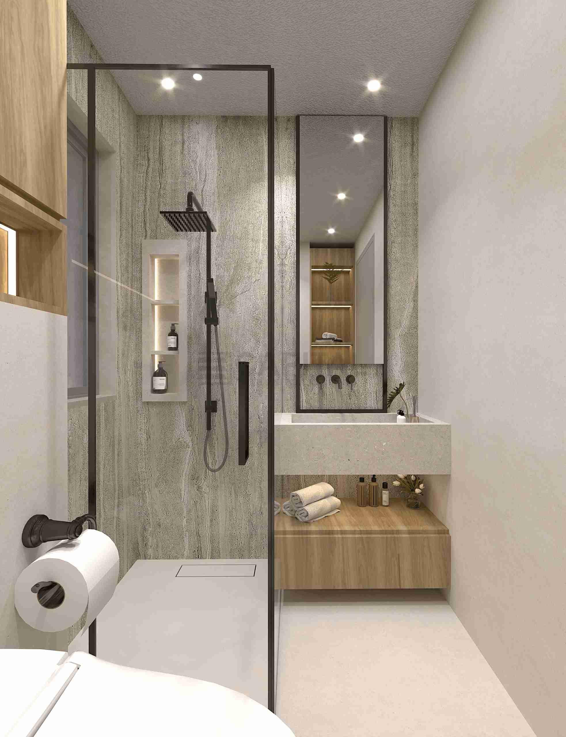 Modern Minimalist Bathroom Design: Smart Toilet & Custom Wood Storage