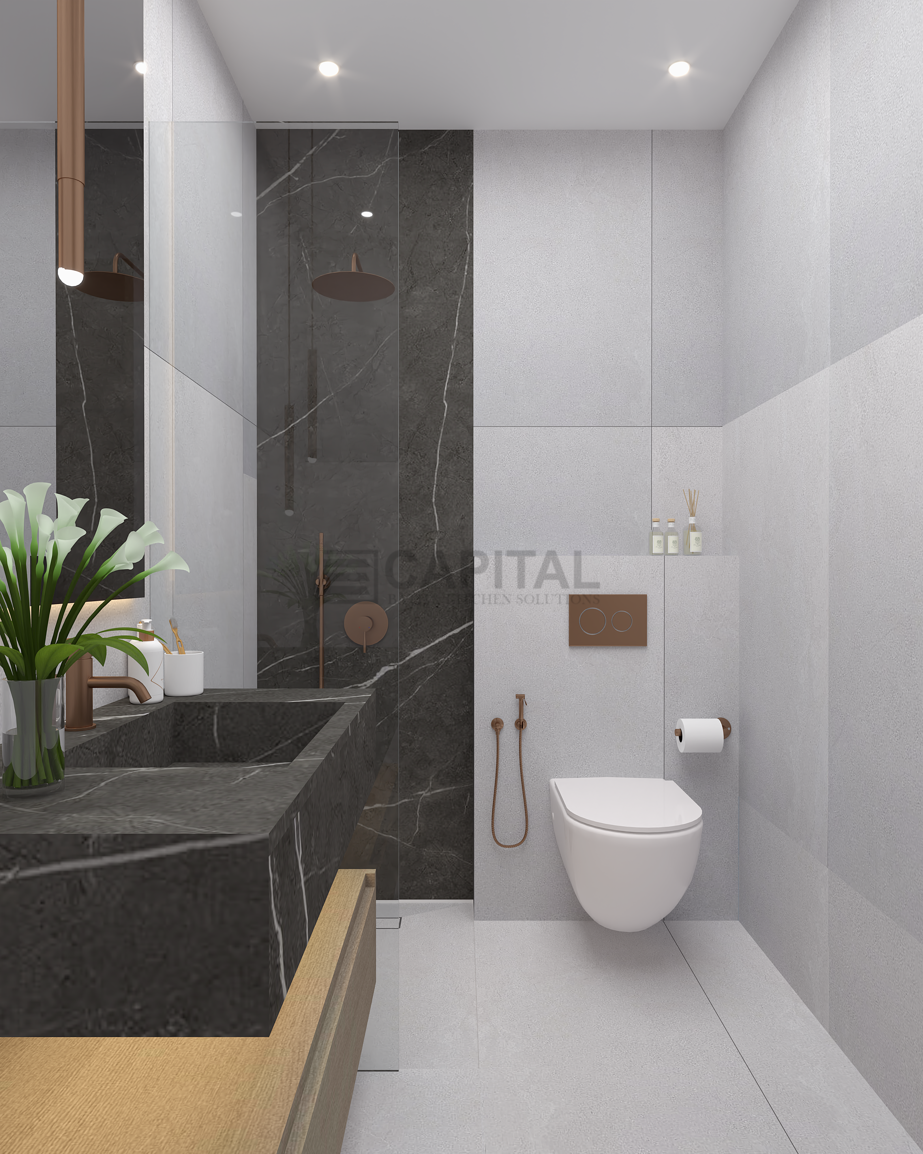 Walk-In Shower with Dark Porcelain Wall & Floating Vanity