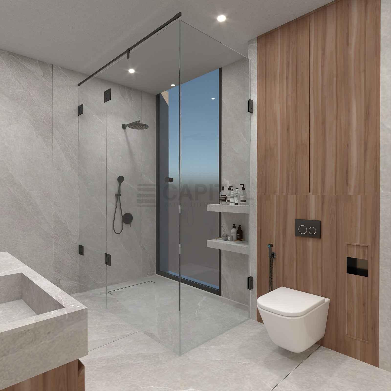 Modern Kids Bathroom with Porcelain Vanity, Freestanding Bathtub & Walk-In Shower