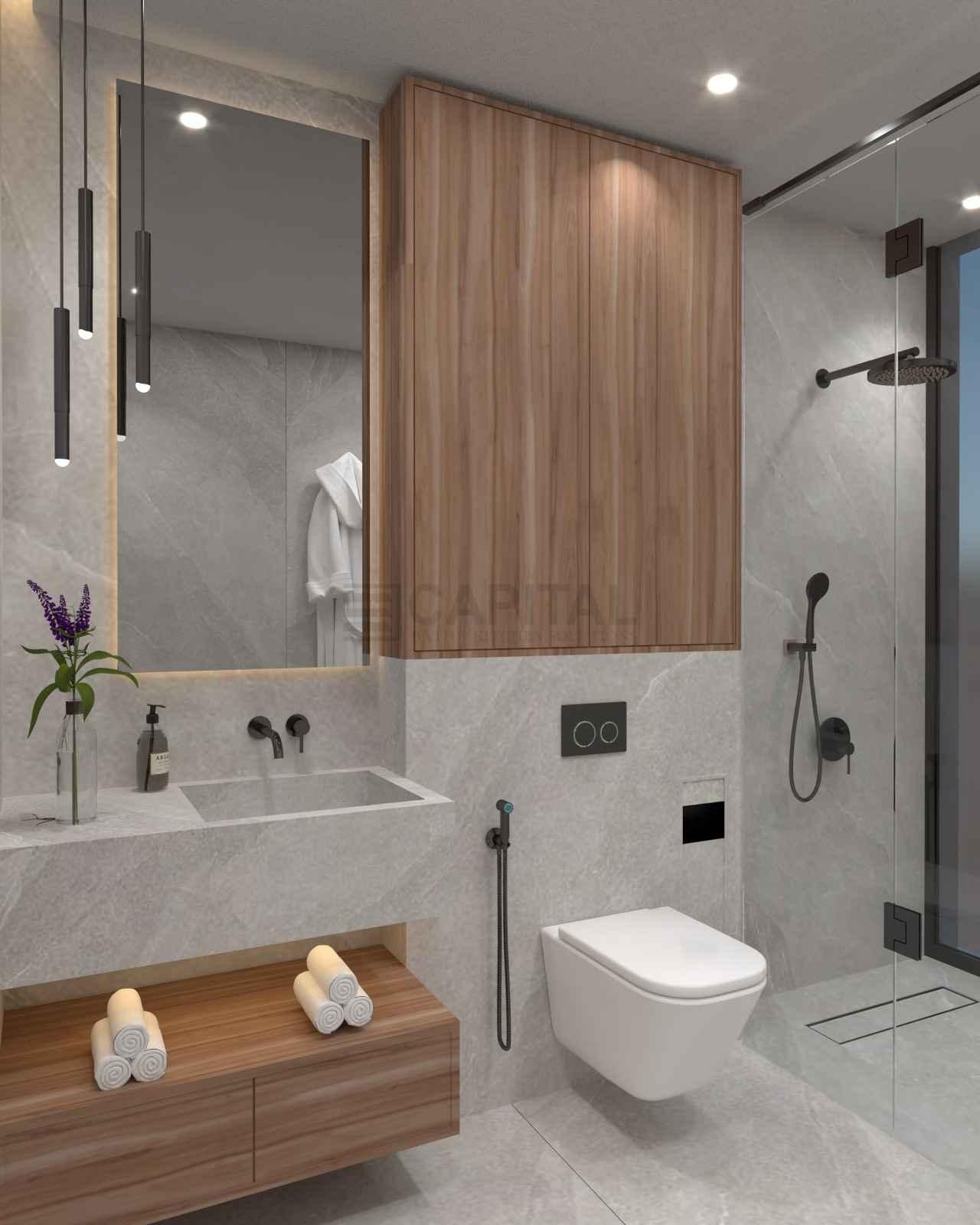 Modern Kids Bathroom with Porcelain Vanity, Wooden Storage & Walk-In Shower – UAE Family Homes