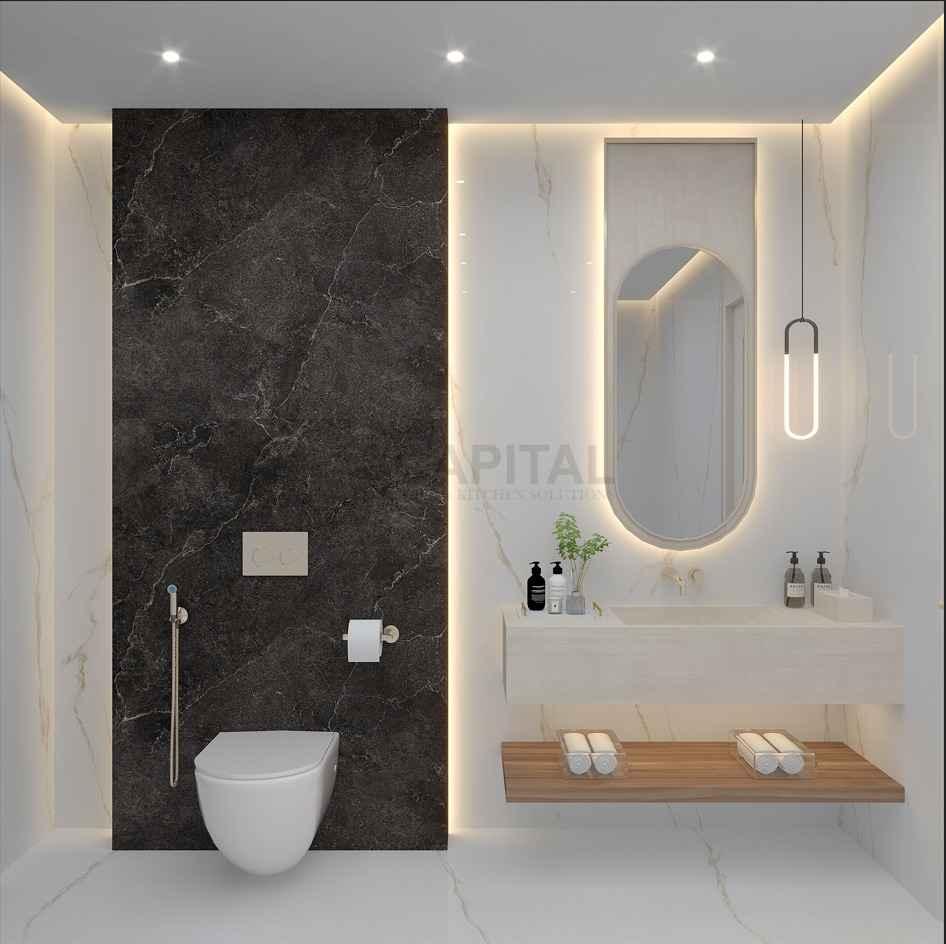 Modern Porcelain Vanity Counter with Floating Basin & Dark Accent Wall – Luxury Bathroom Design in Dubai