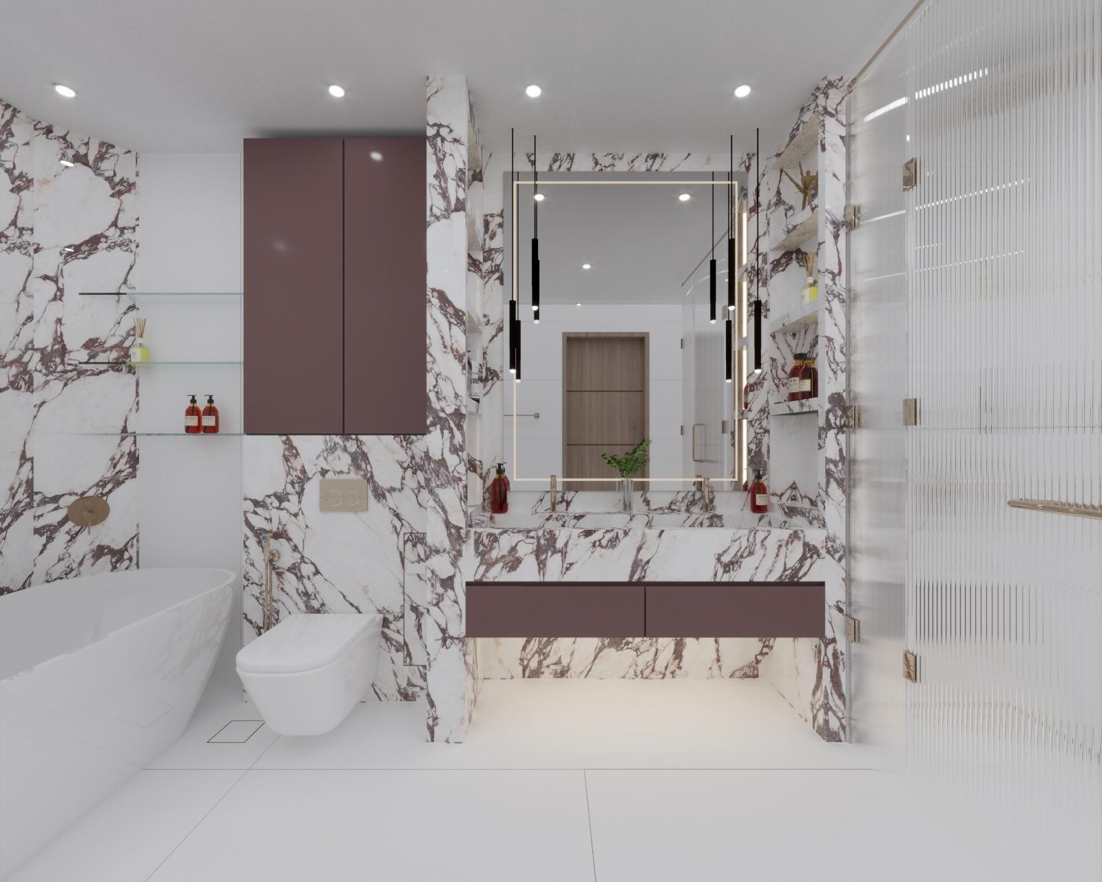 Luxury Porcelain Bathroom with Marble-Effect Vanity & Freestanding Bathtub