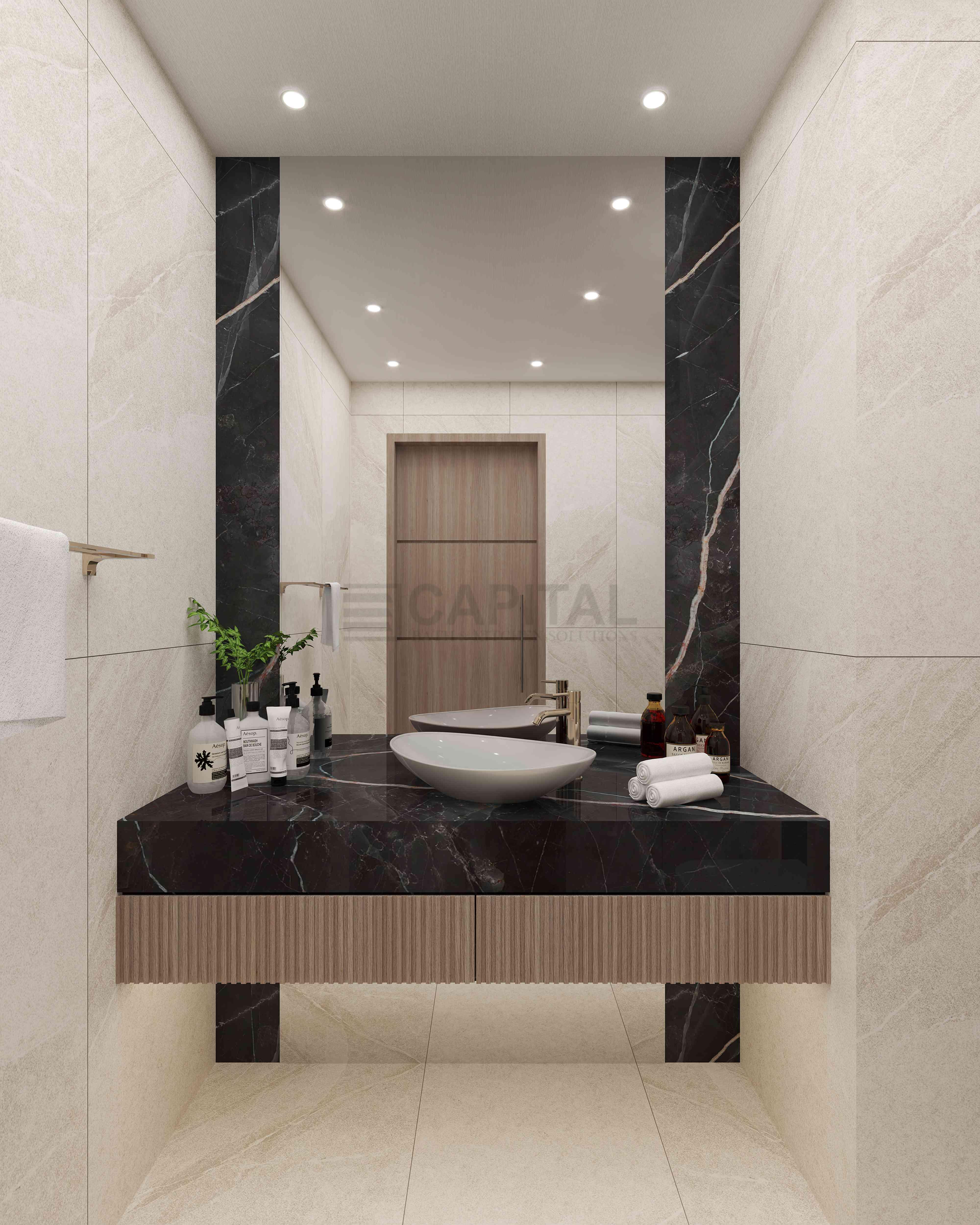 Modern Black Porcelain Bathroom Vanity with Vessel Basin & Floating Wooden Cabinet