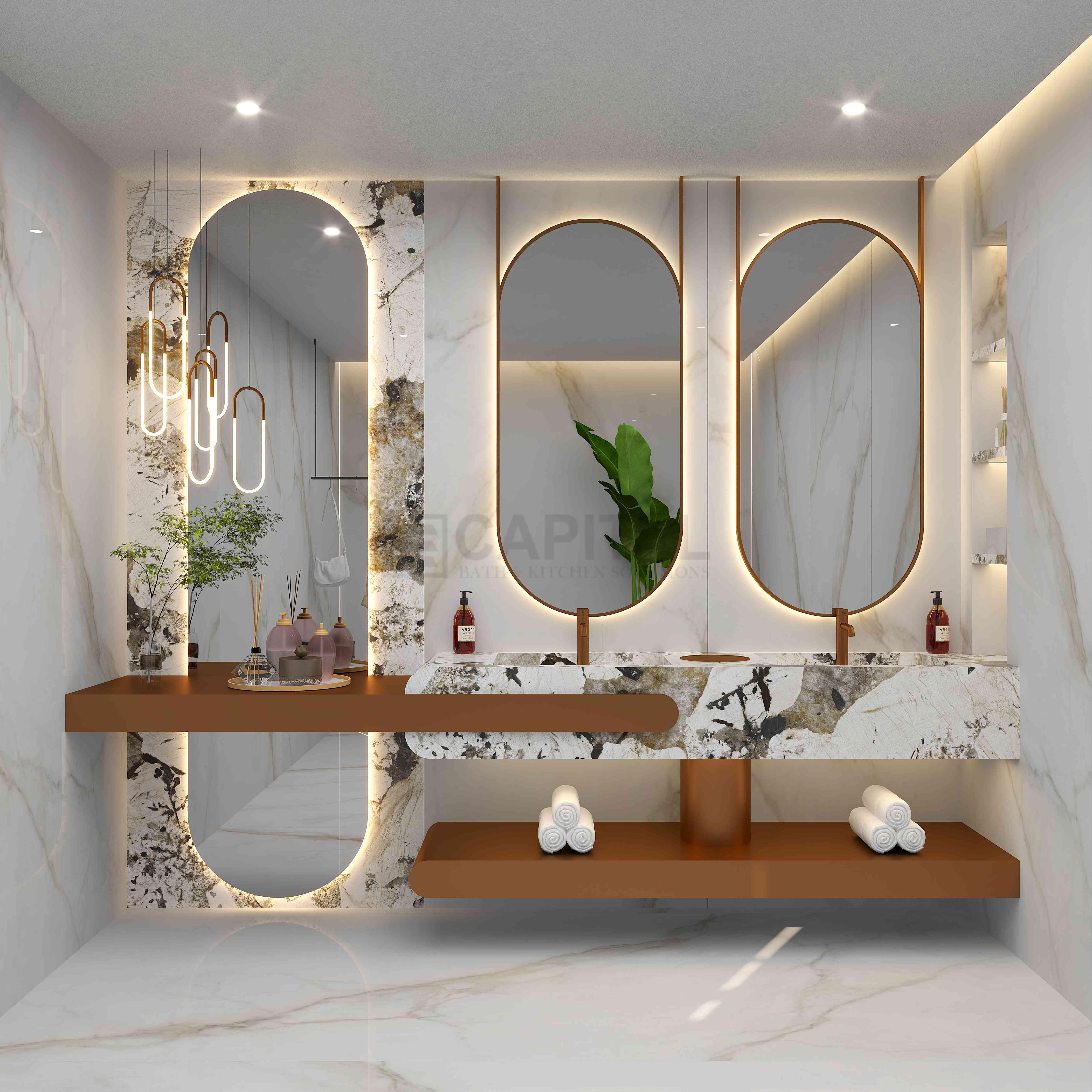 Luxury Bathroom Set with Exotic Porcelain Vanity, Bidet, and WC in Bronze Accents