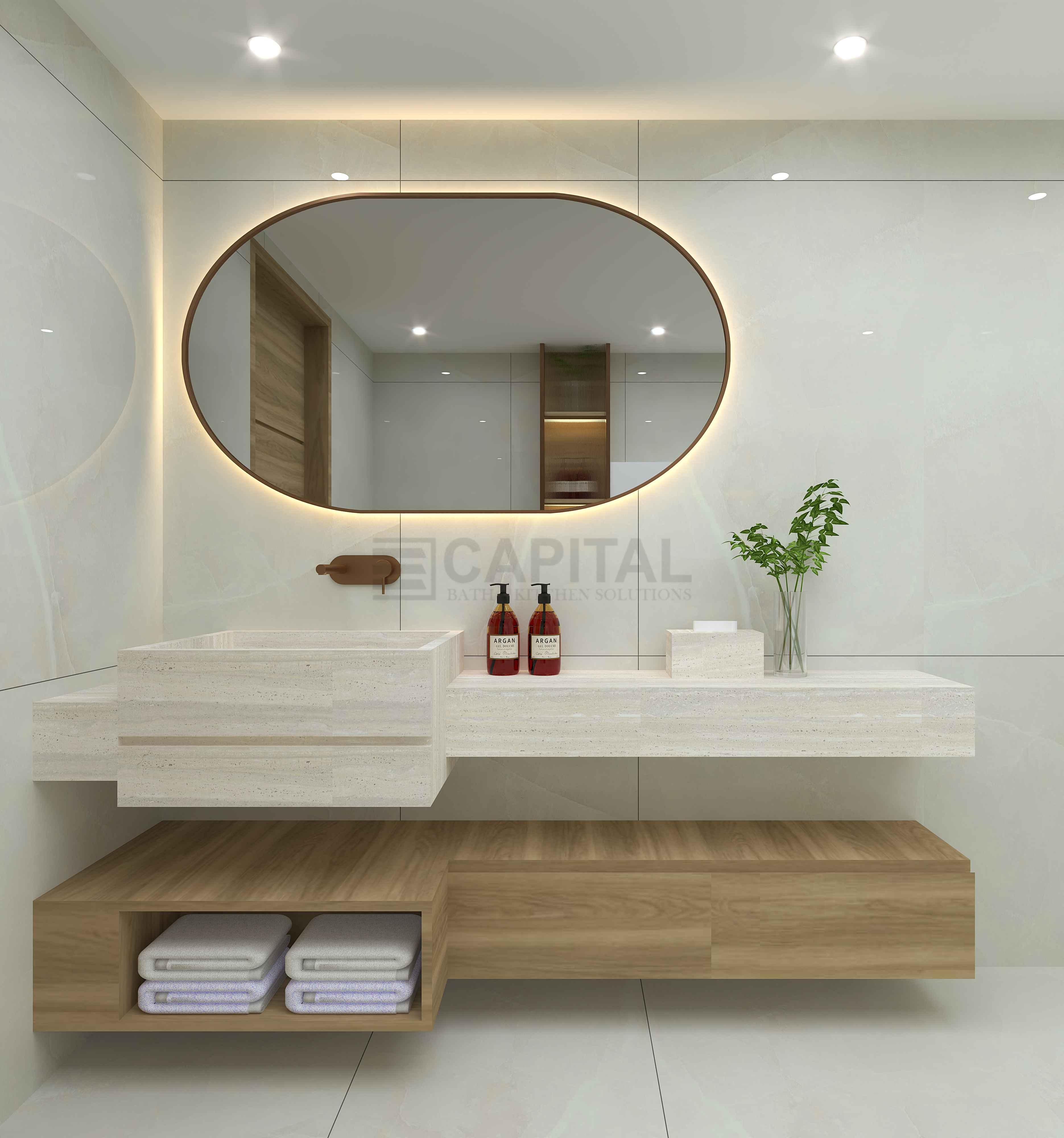 Porcelain Floating Vanity with Wooden Base & Oval Mirror