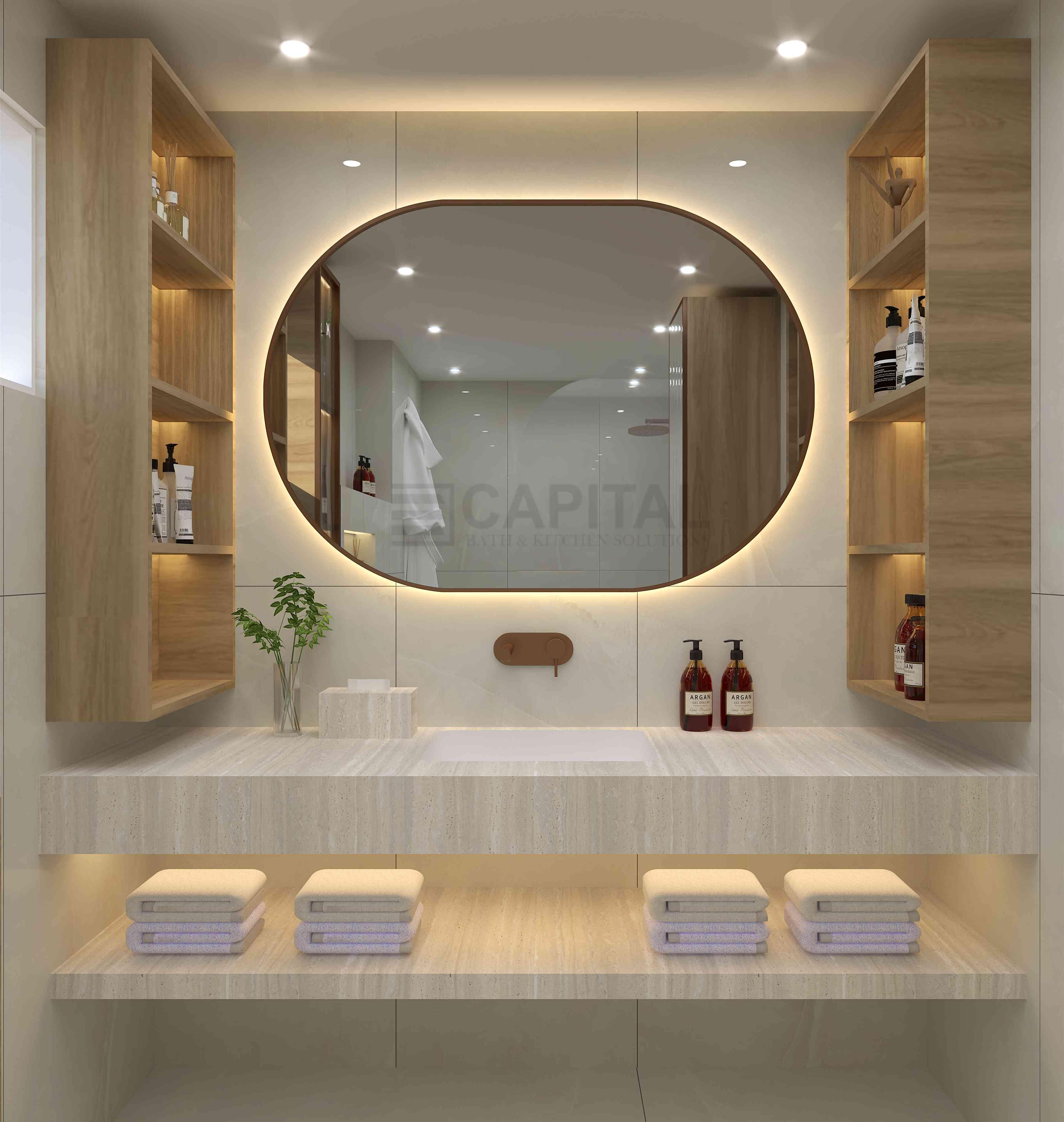 Modern Bathroom Vanity with Beige Stone Countertop, Wooden Storage & Illuminated Mirror