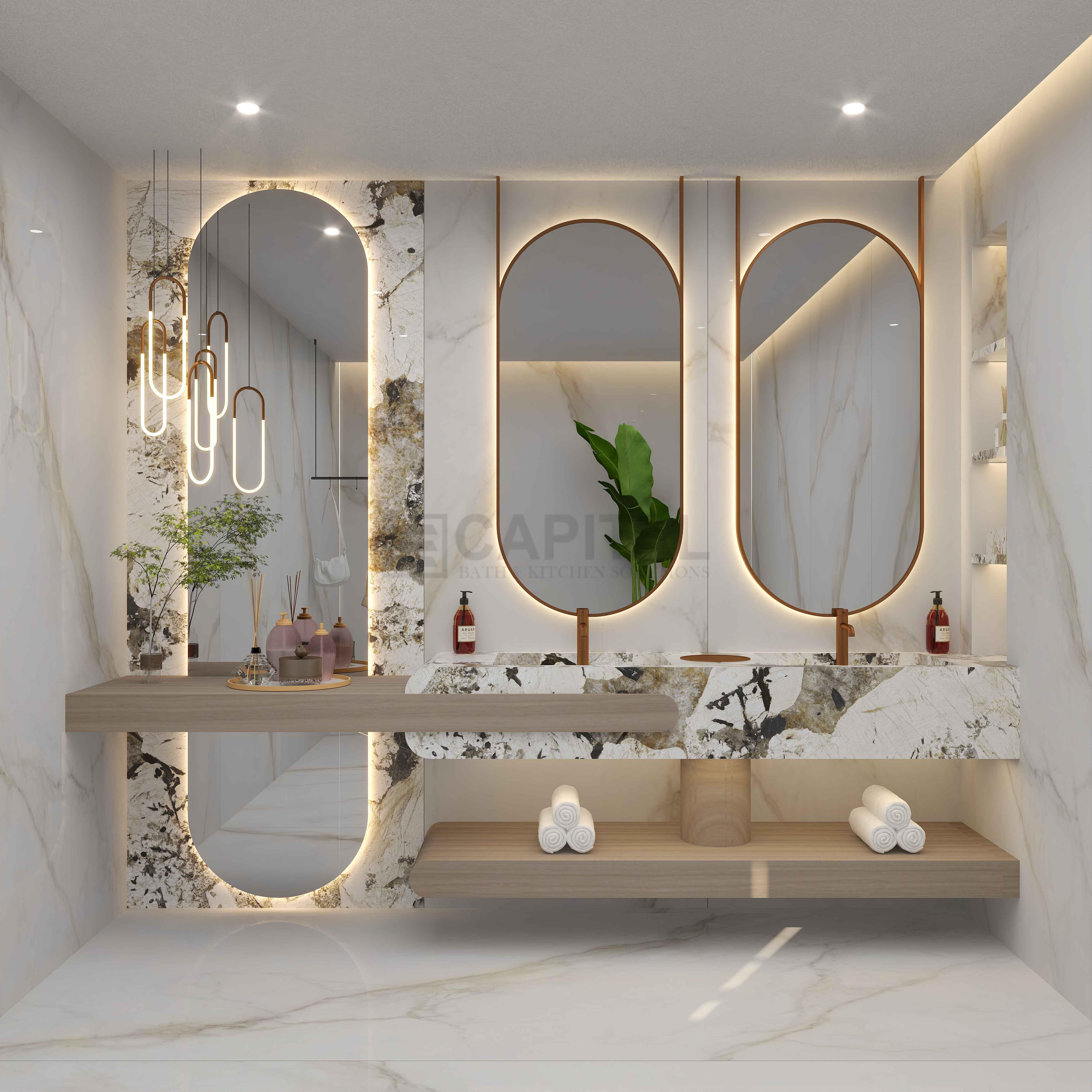 Modern Porcelain Vanity with Wood Accents & Dual Backlit Mirrors