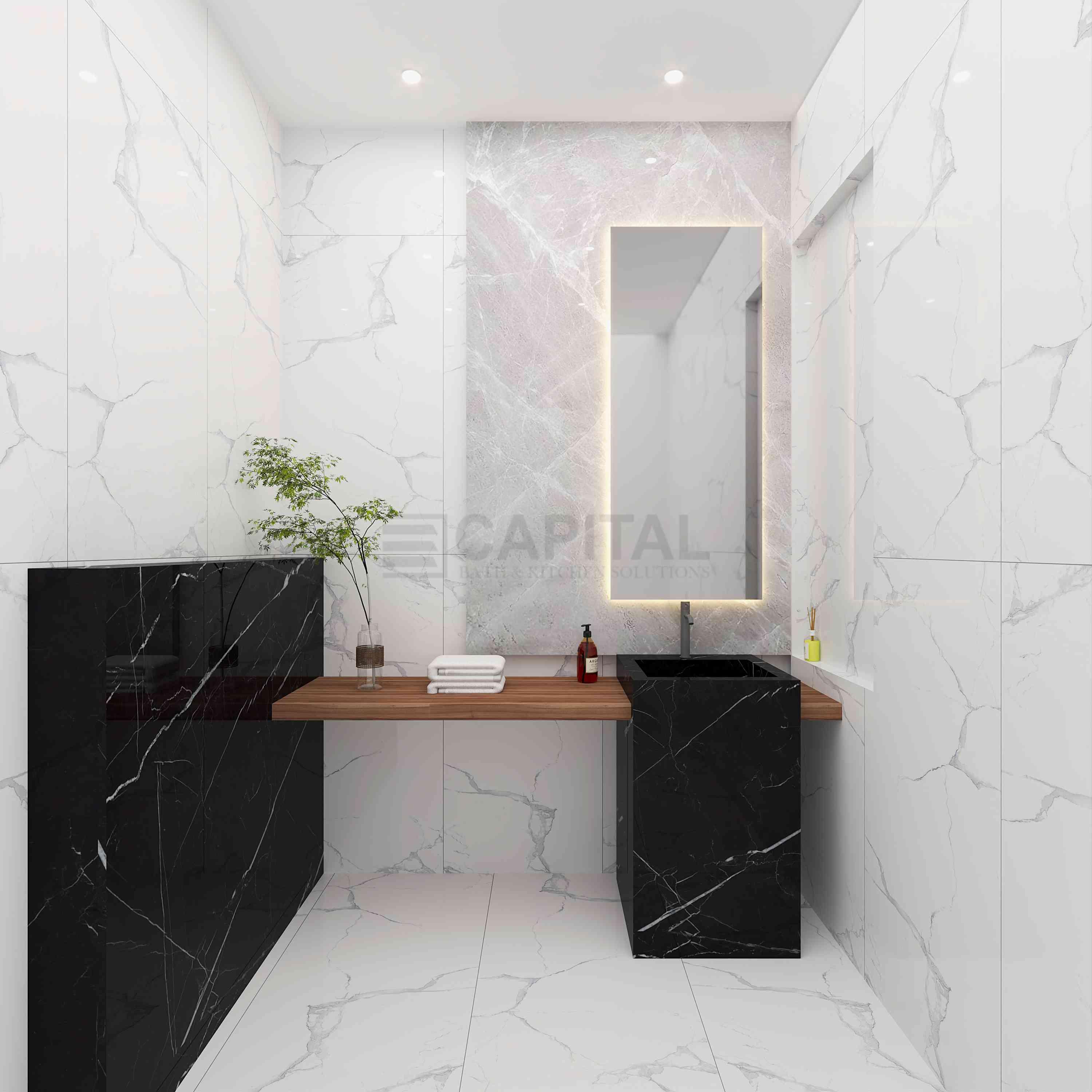 Luxury Bathroom Vanities in Black & Grey Marble with Illuminated Mirrors