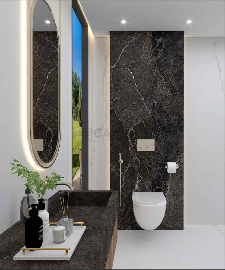 Luxury Dark Porcelain Vanity with Integrated Basin & Feature Wall – Modern Bathroom Design Dubai