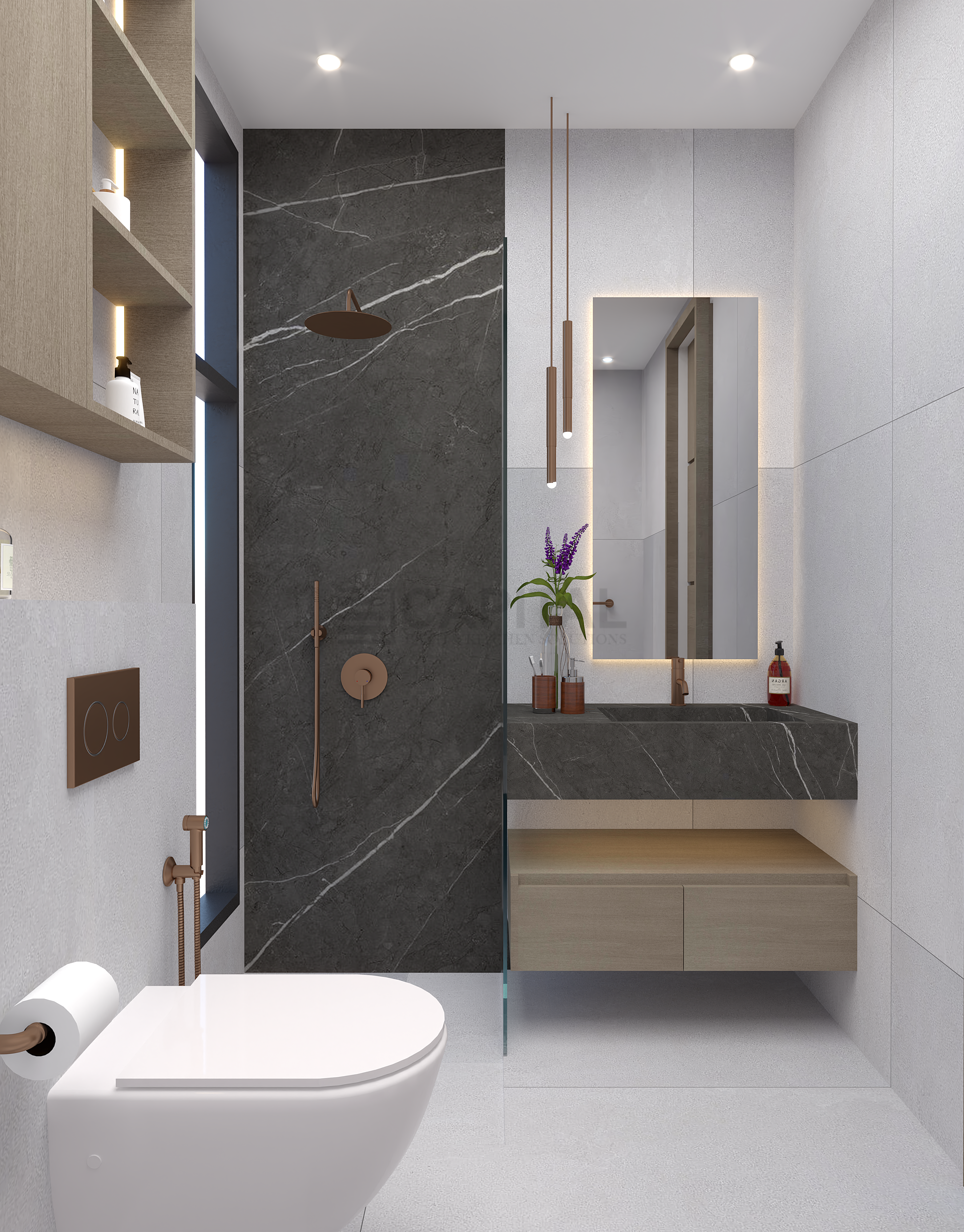 Modern Porcelain Bathroom with Floating Vanity & Walk-In Shower – Elegant Dubai Design 
