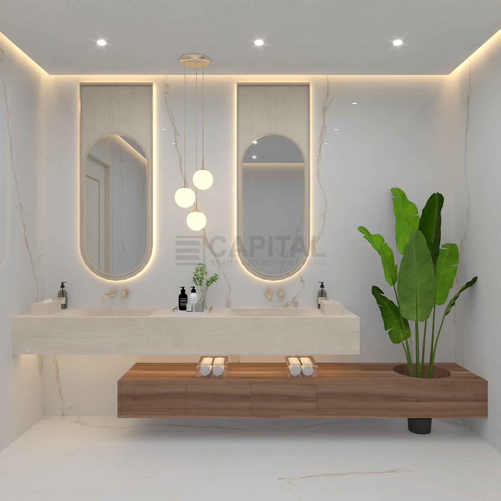Luxury Double Vanity Porcelain Counter with Integrated Sink – Modern Bathroom Design in Dubai