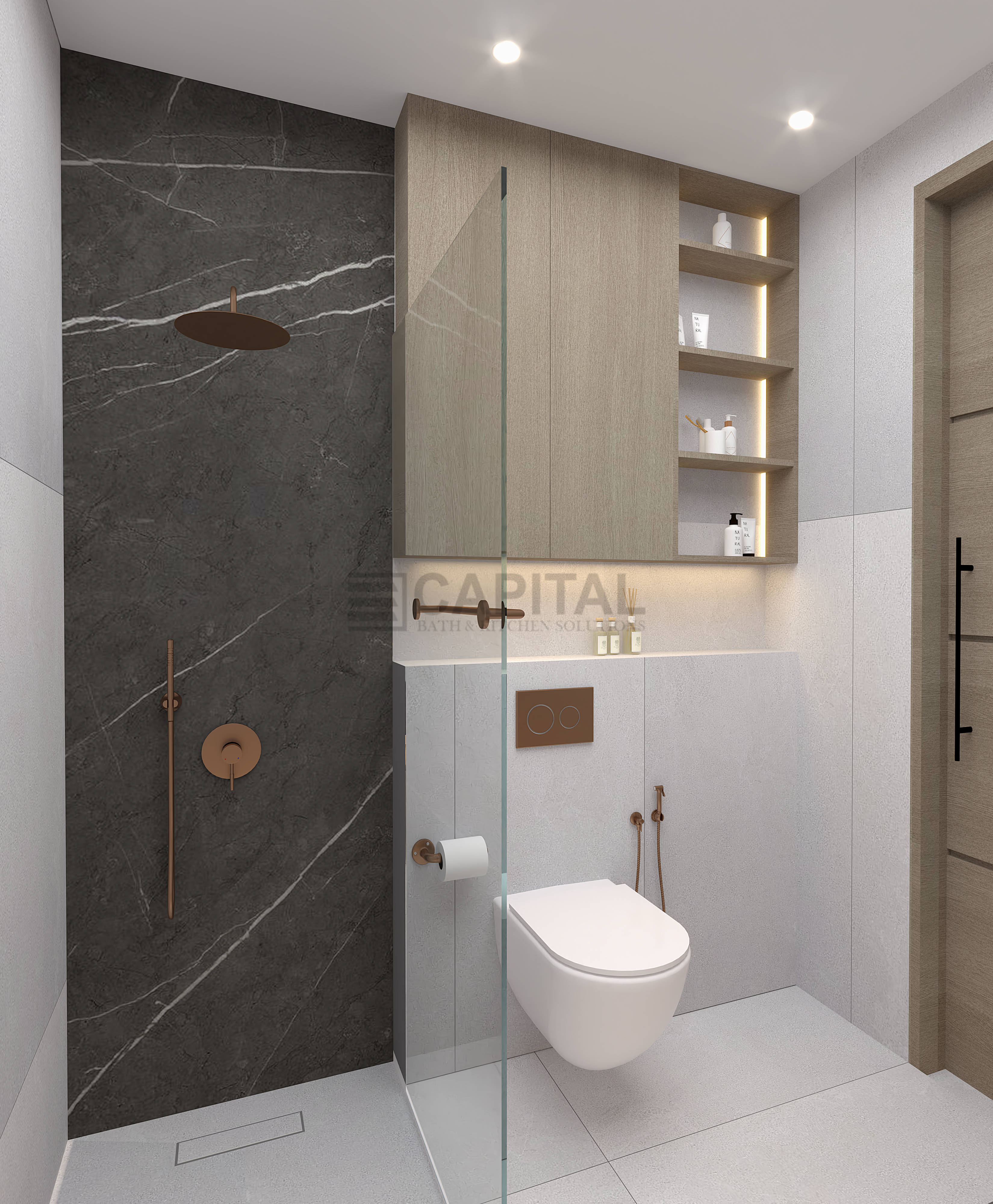 Luxury Porcelain Shower & Wall-Hung Toilet with Dark Stone Feature Wall - Modern Bathroom in Dubai