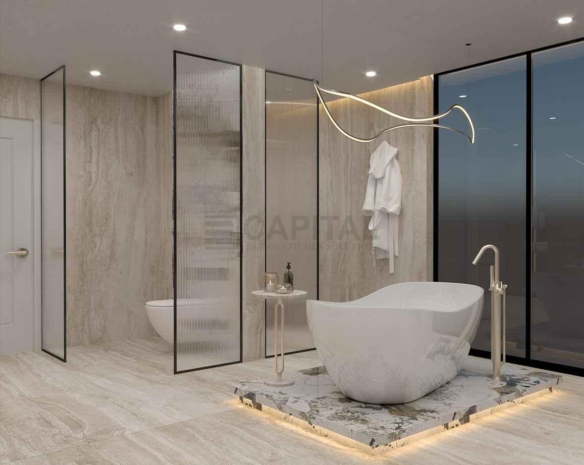 Luxury Master Bathroom with Porcelain Dual Vanity, Freestanding Bathtub & Feature Wall – Premium UAE Design 
