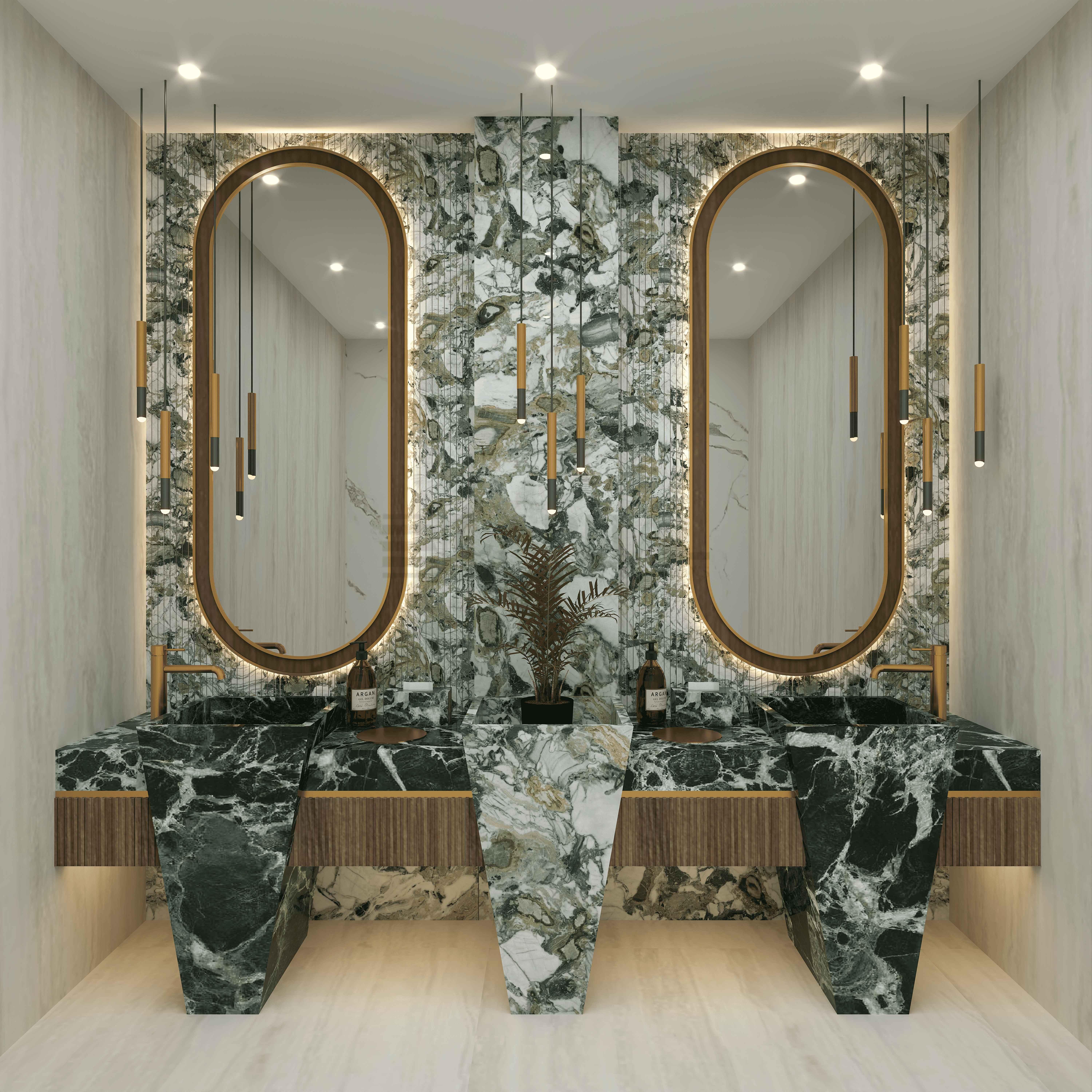 Dark Green Porcelain Vanity with Dual LED Mirrors & Golden Accents 