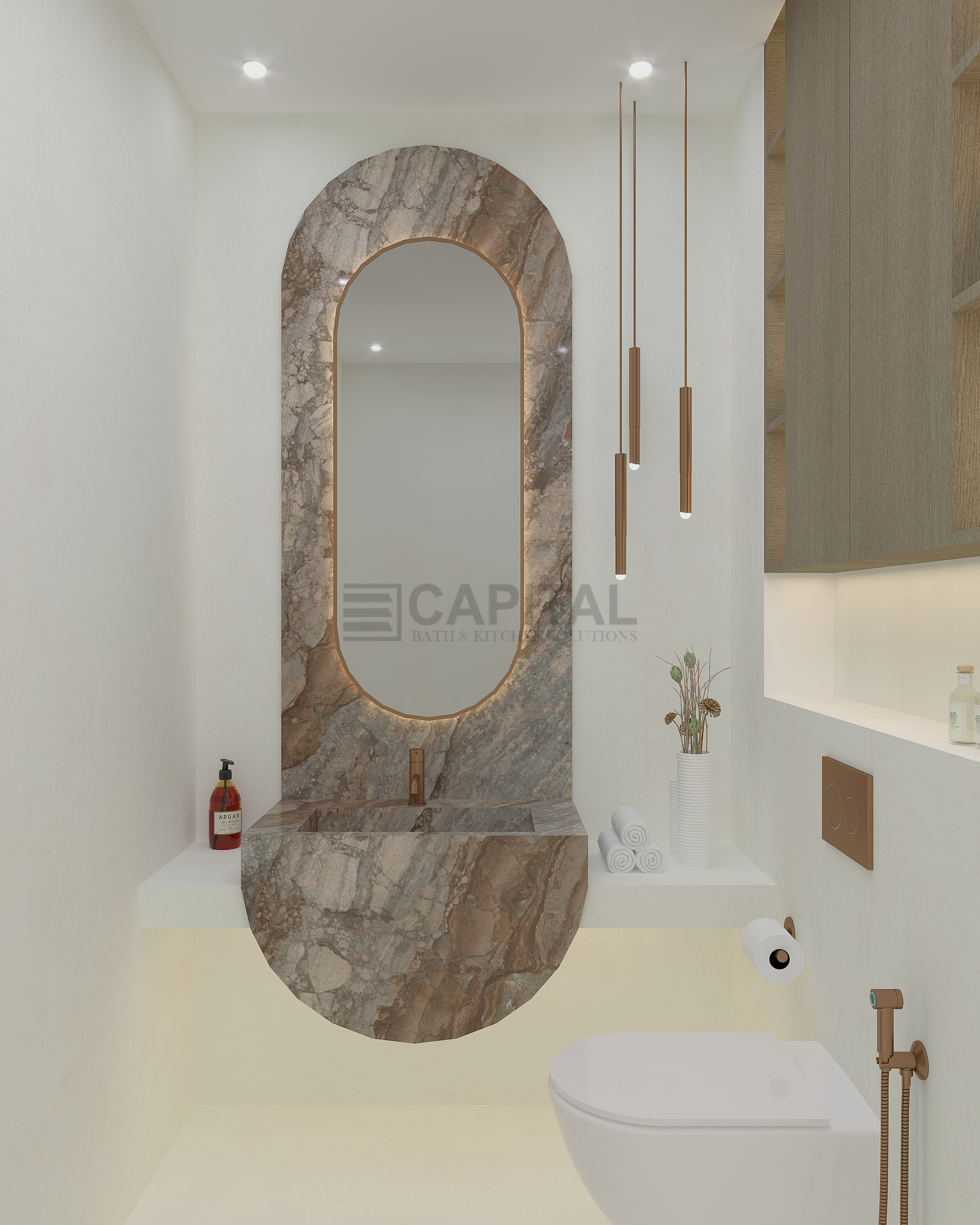 Luxury Porcelain Powder Bathroom with Arched Vanity & Floating Counter – Elegant Dubai Design 