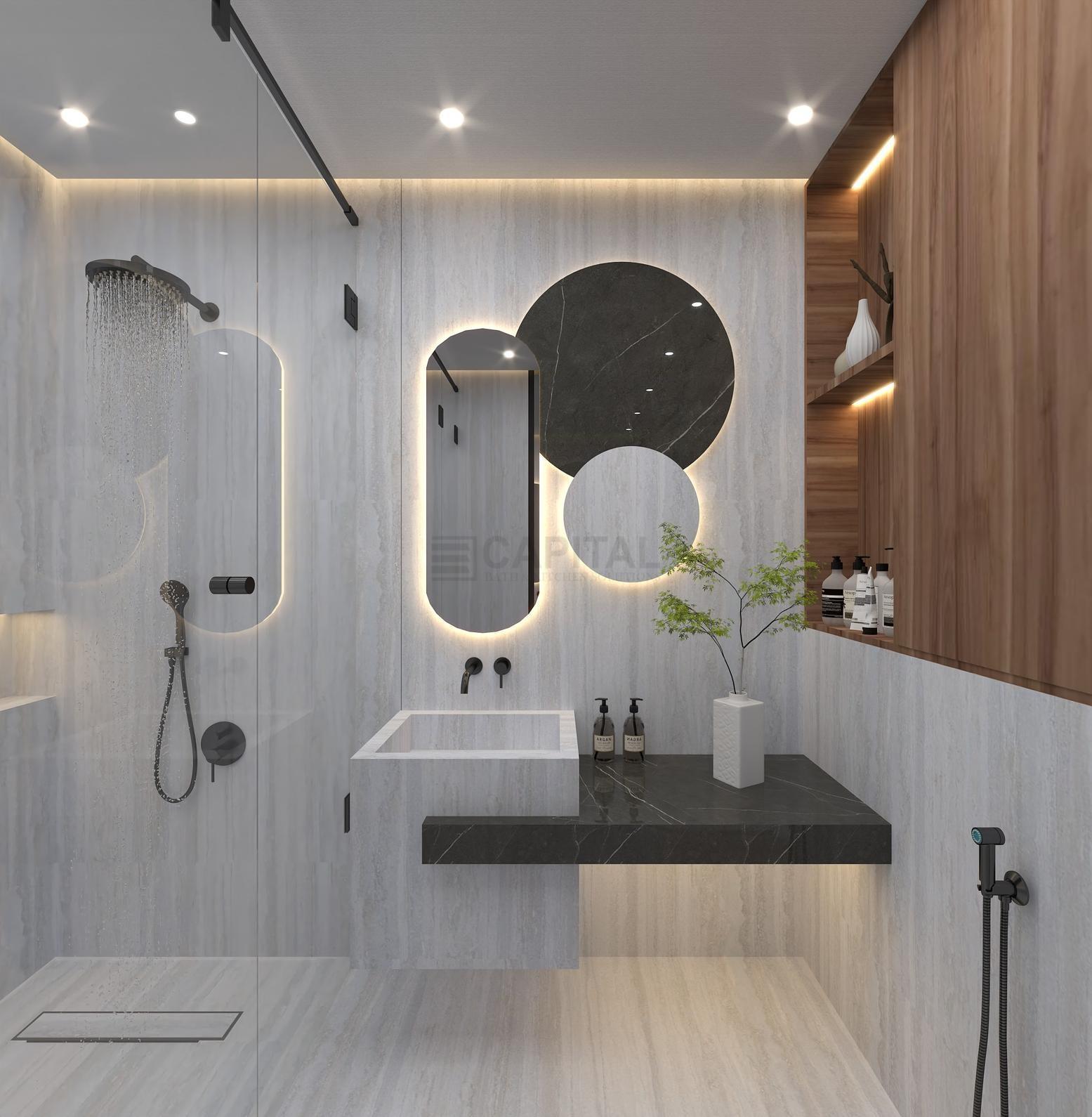 Modern Porcelain Bathroom with Floating Black Vanity & LED Mirrors