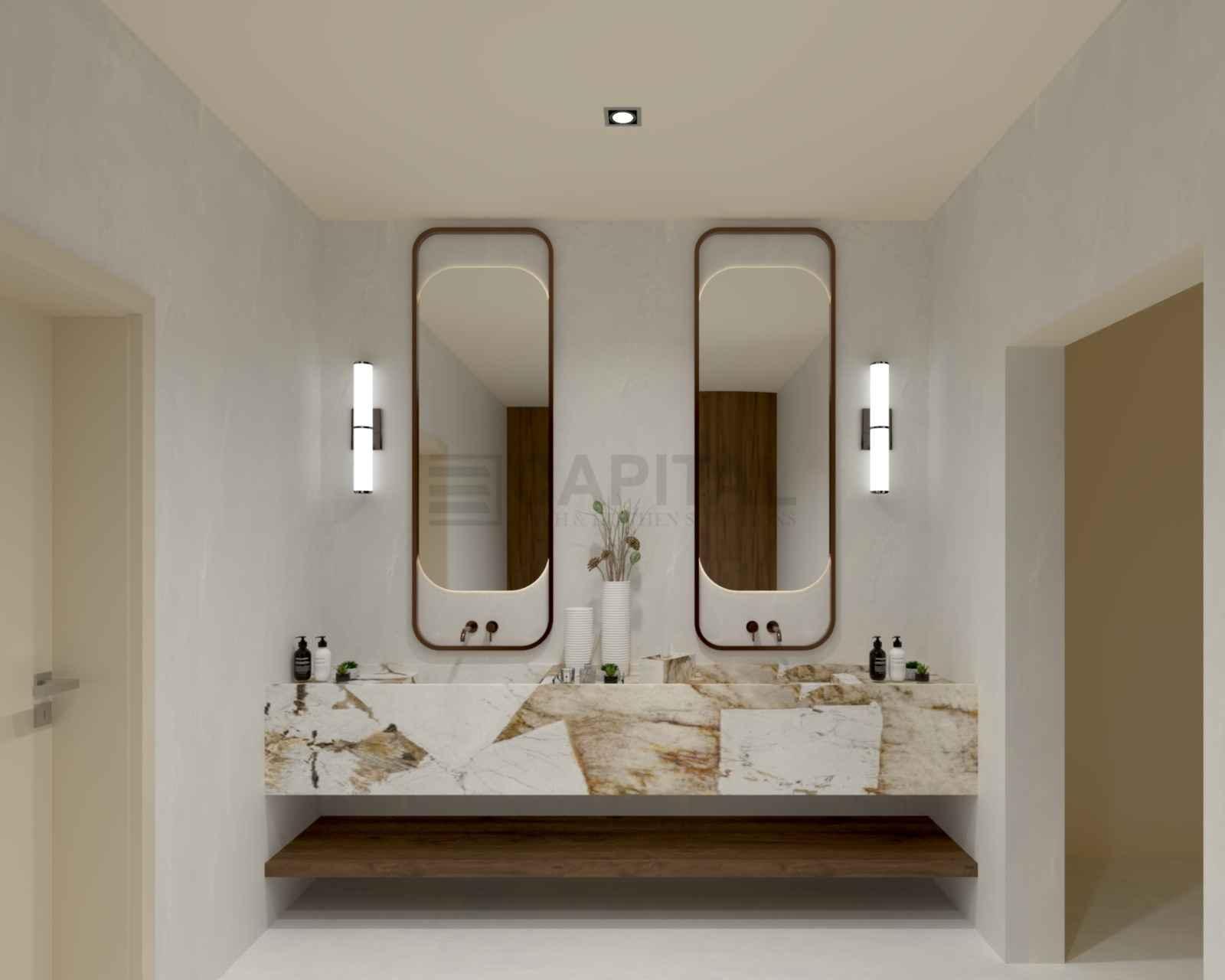 Majlis Porcelain Counter with Dual Vanity & White-Gold Marble Finish – Luxury Dubai Design