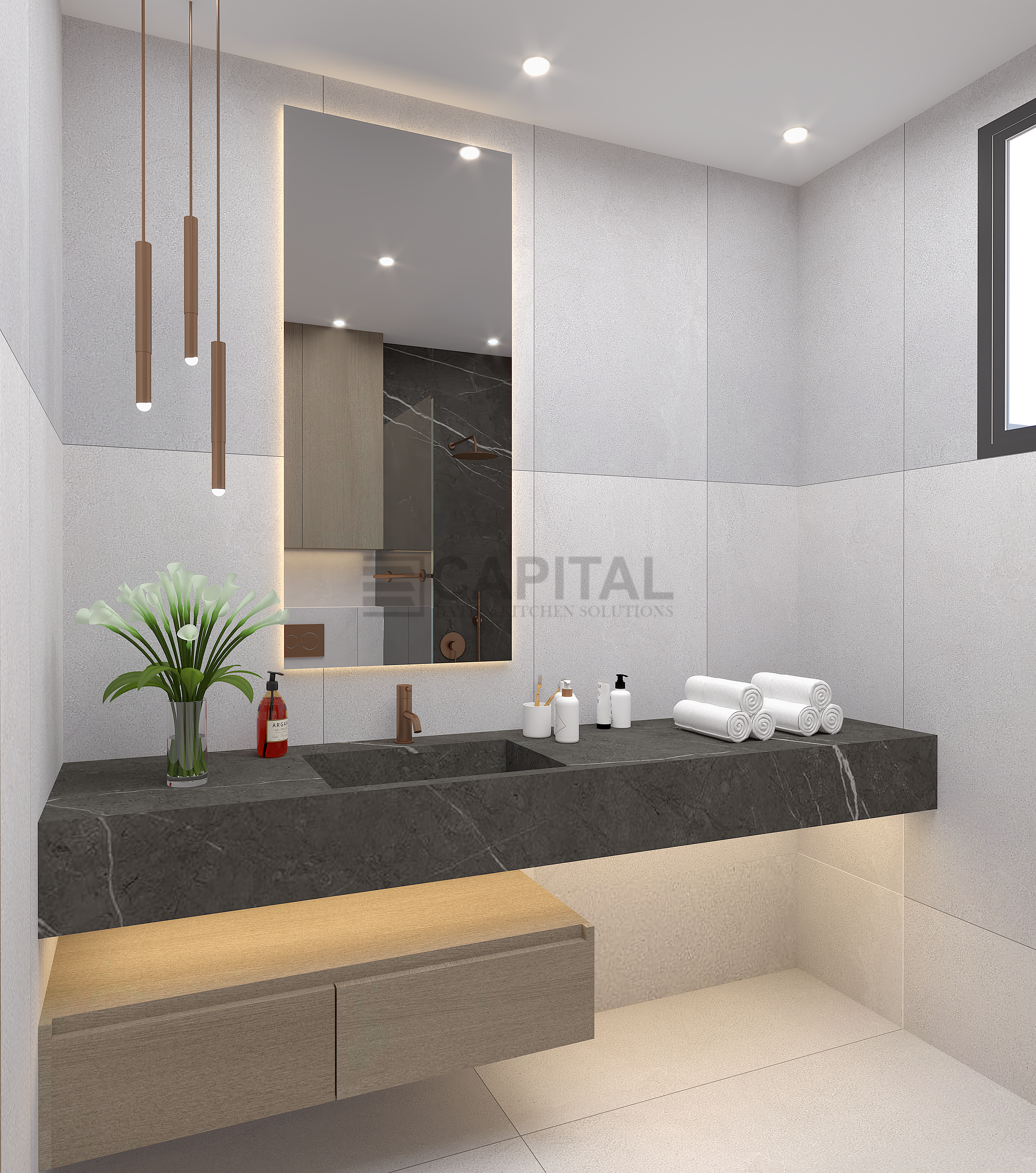 Modern Porcelain Vanity with Dark Countertop & Floating Wood Storage 