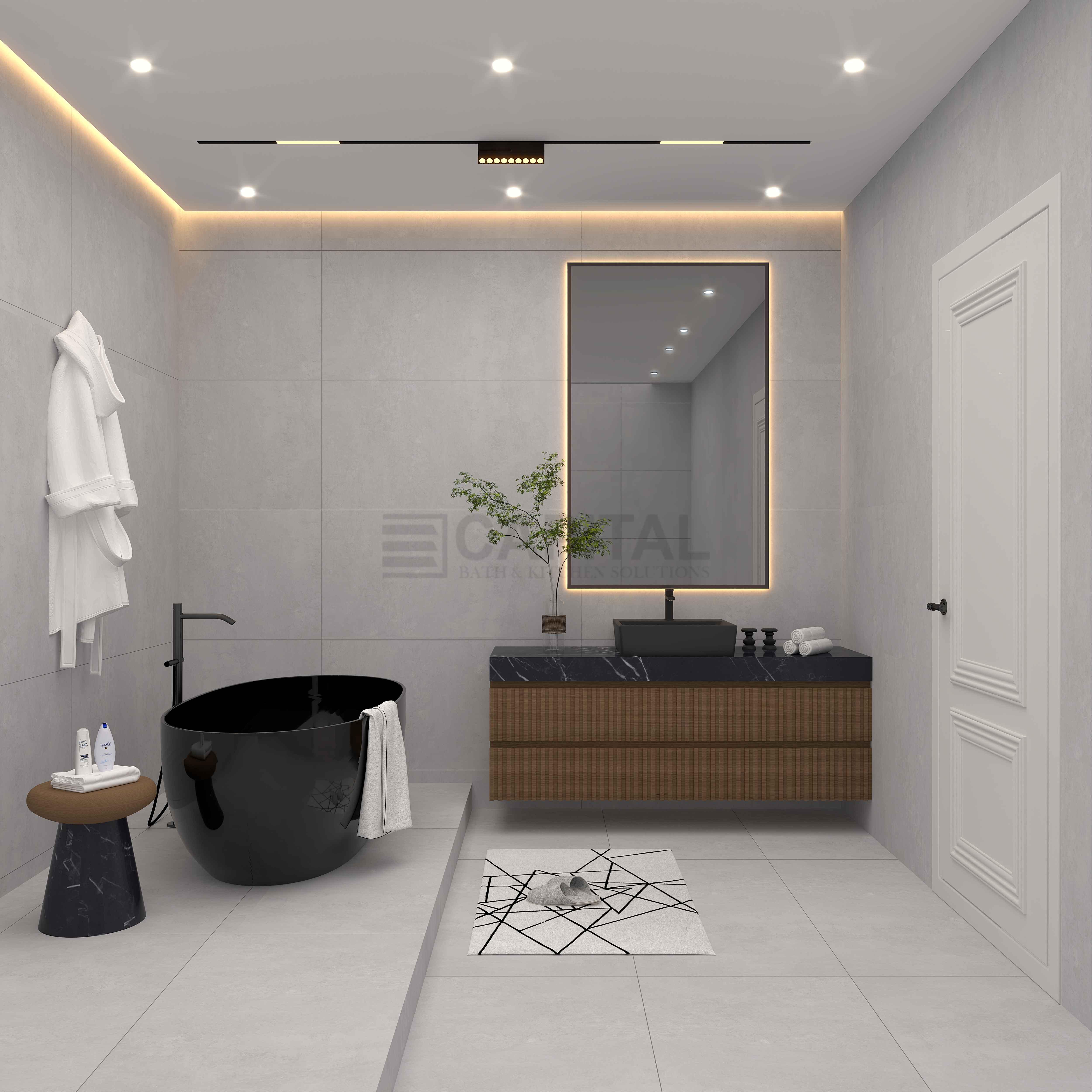 Minimalist Grey Porcelain Vanity with Black Countertop & Wooden Base