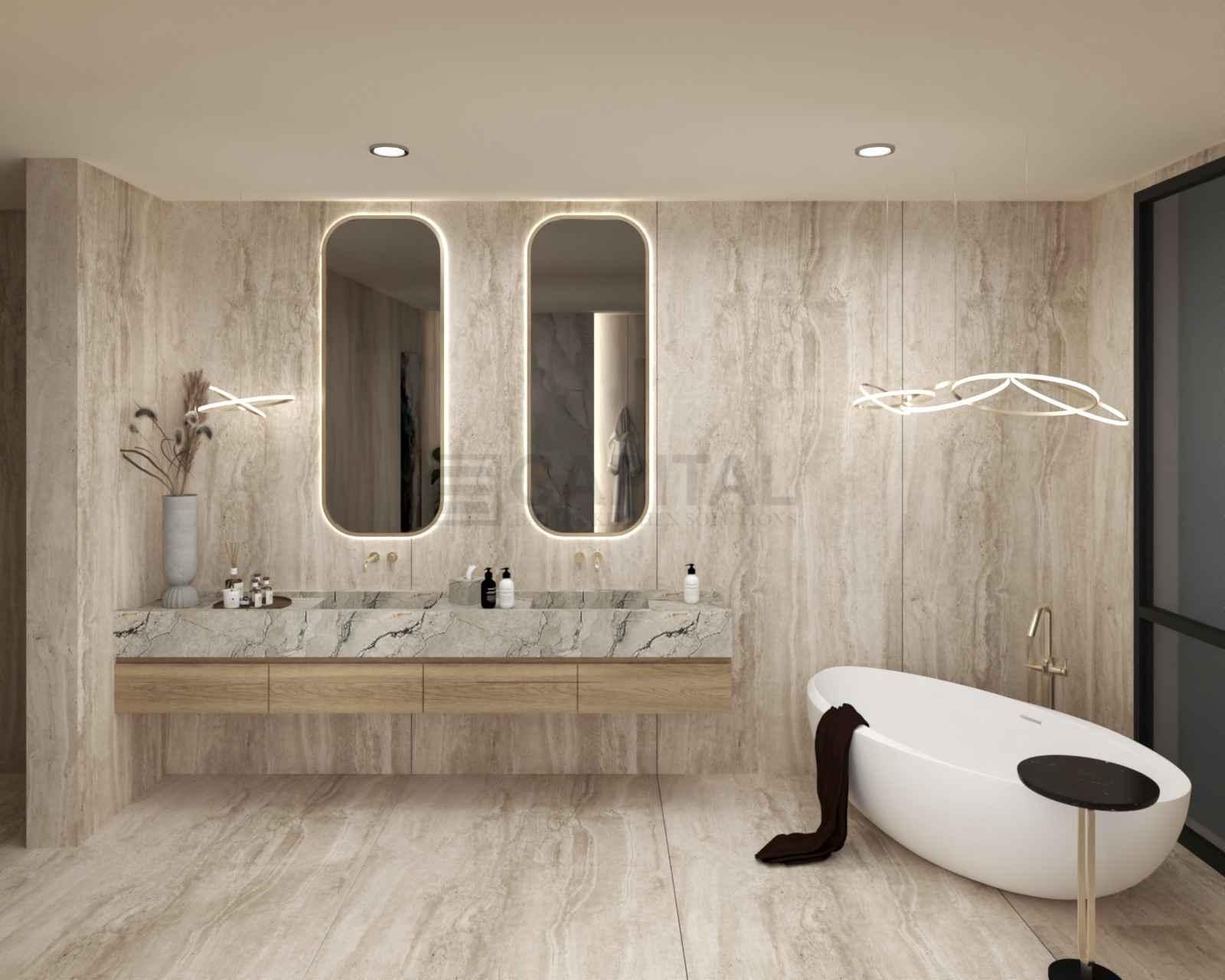 Luxury Master Bathroom with Porcelain Dual Vanity, Freestanding Bathtub & Walk-In Showe 