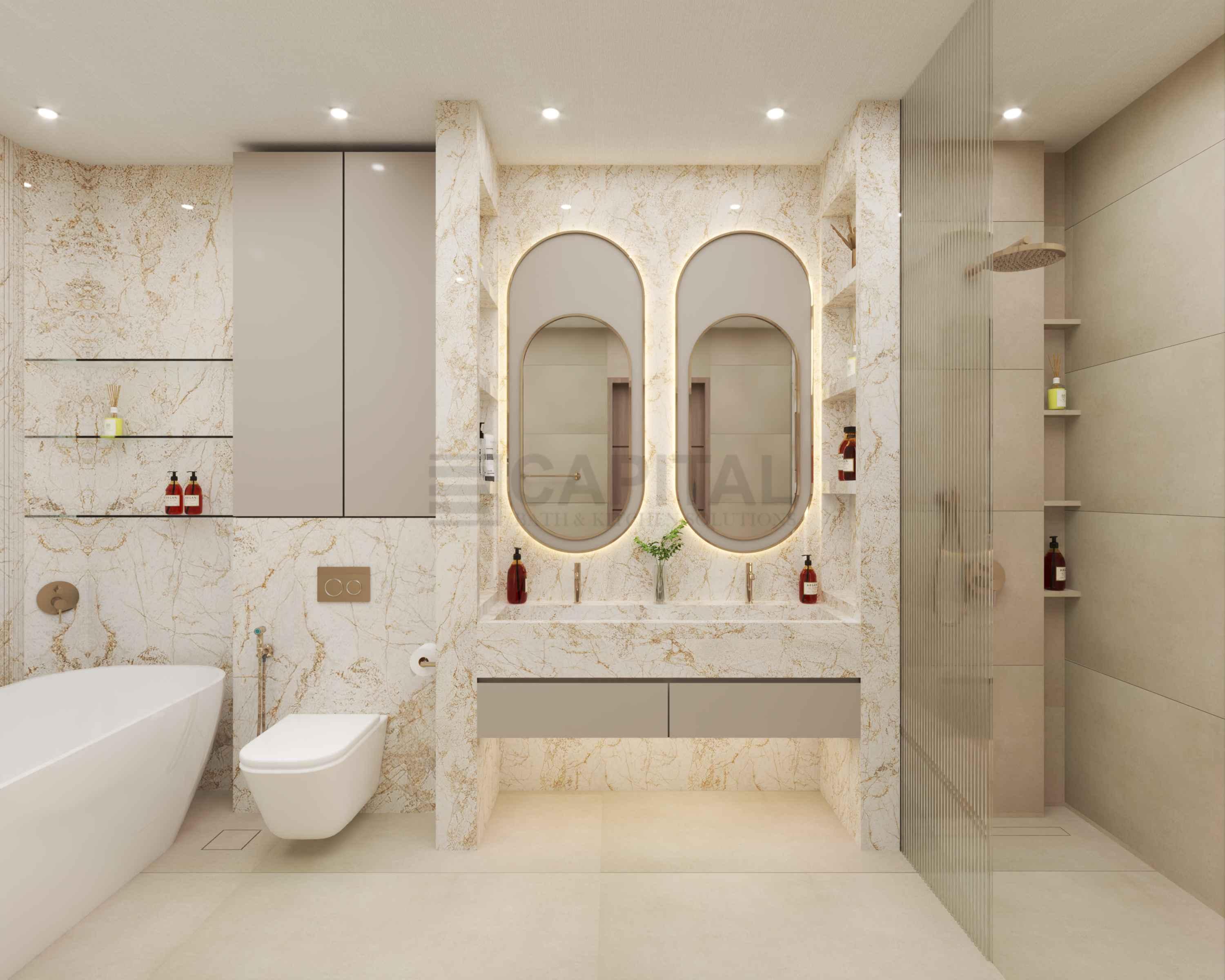 Luxury Beige-Gold Porcelain Bathroom Set with Double Vanity, Bathtub & Wall Cladding 