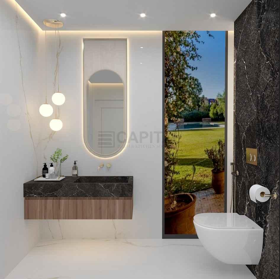 Luxury Porcelain Vanity with Dark Stone Finish & Floating Basin – Modern Bathroom in Dubai 
