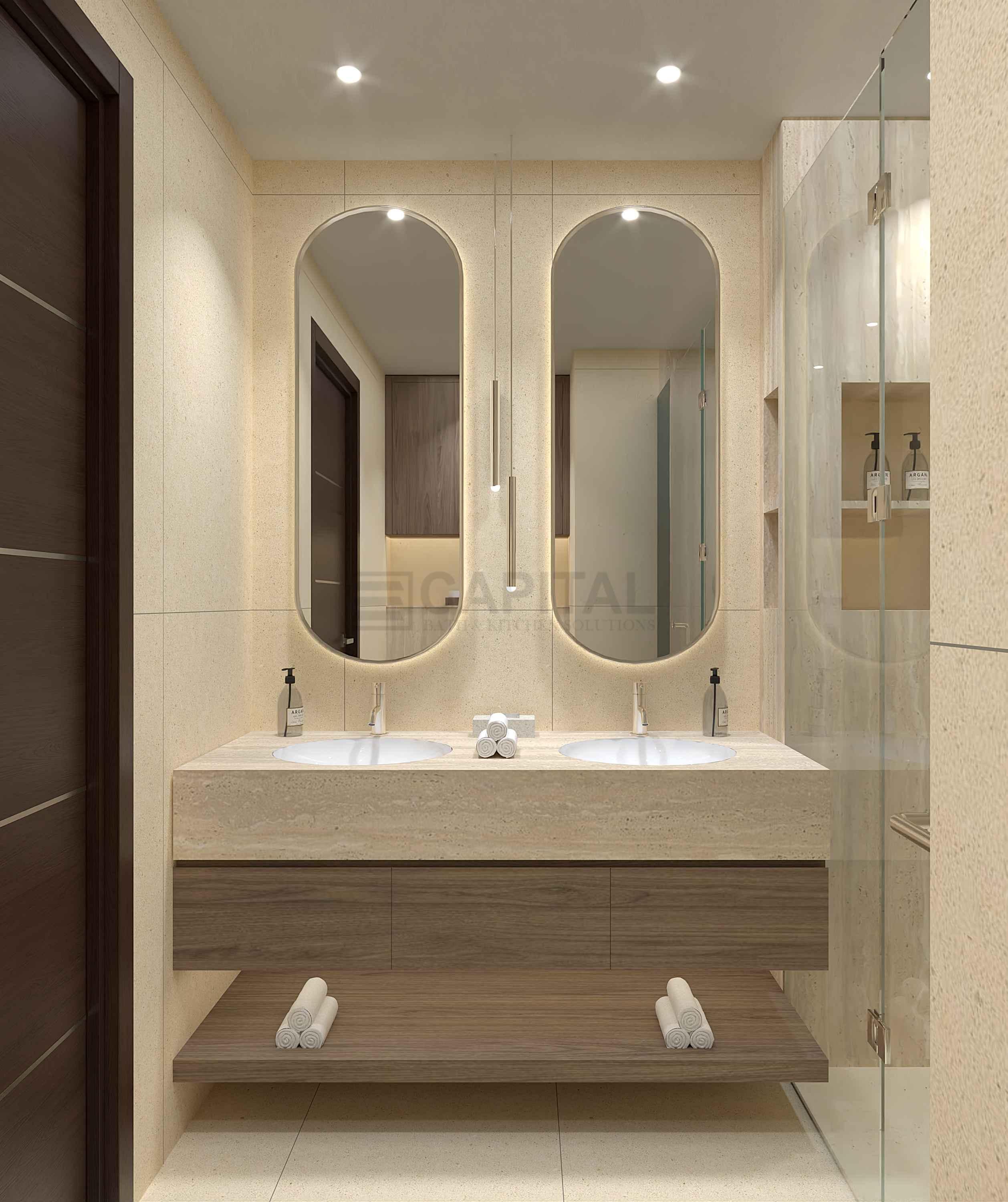 Master Porcelain Bathroom with  Double Vanity Counter 