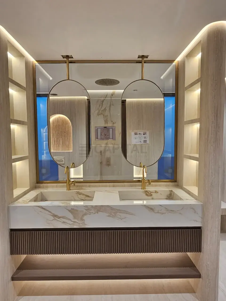 Luxury Double Porcelain Counter for Master Bathroom with Floating Design & Gold Fixtures 