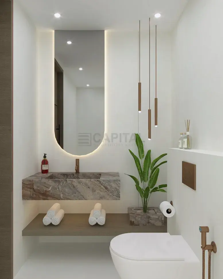 Luxury Majlis Guest Bathroom with Porcelain Floating Vanity & LED Mirror 
