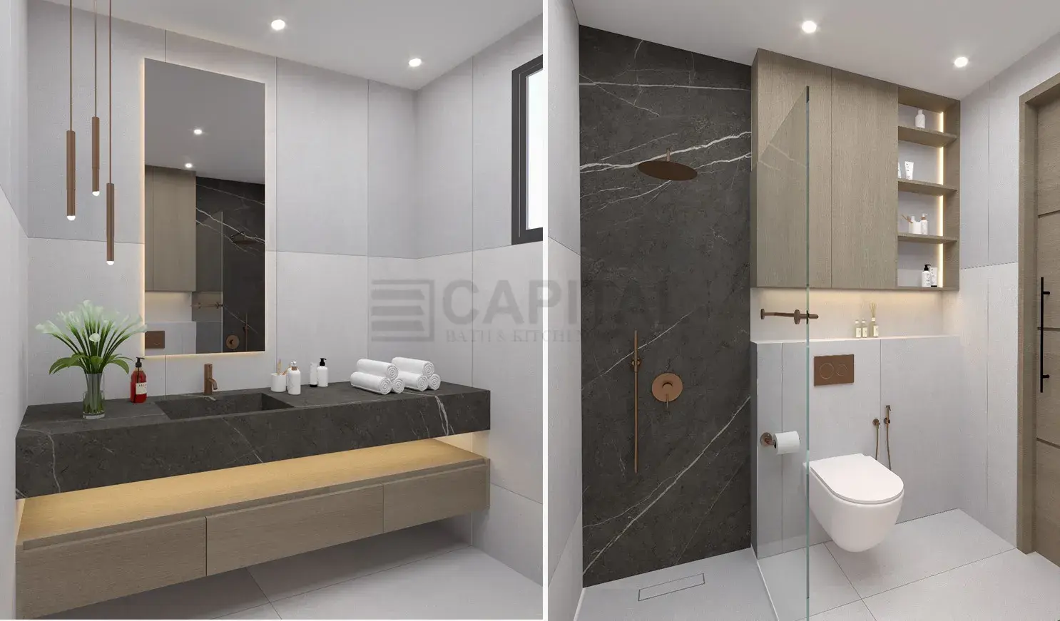 Modern Kids Bathroom with Porcelain Floating Vanity & Walk-In Shower – UAE 