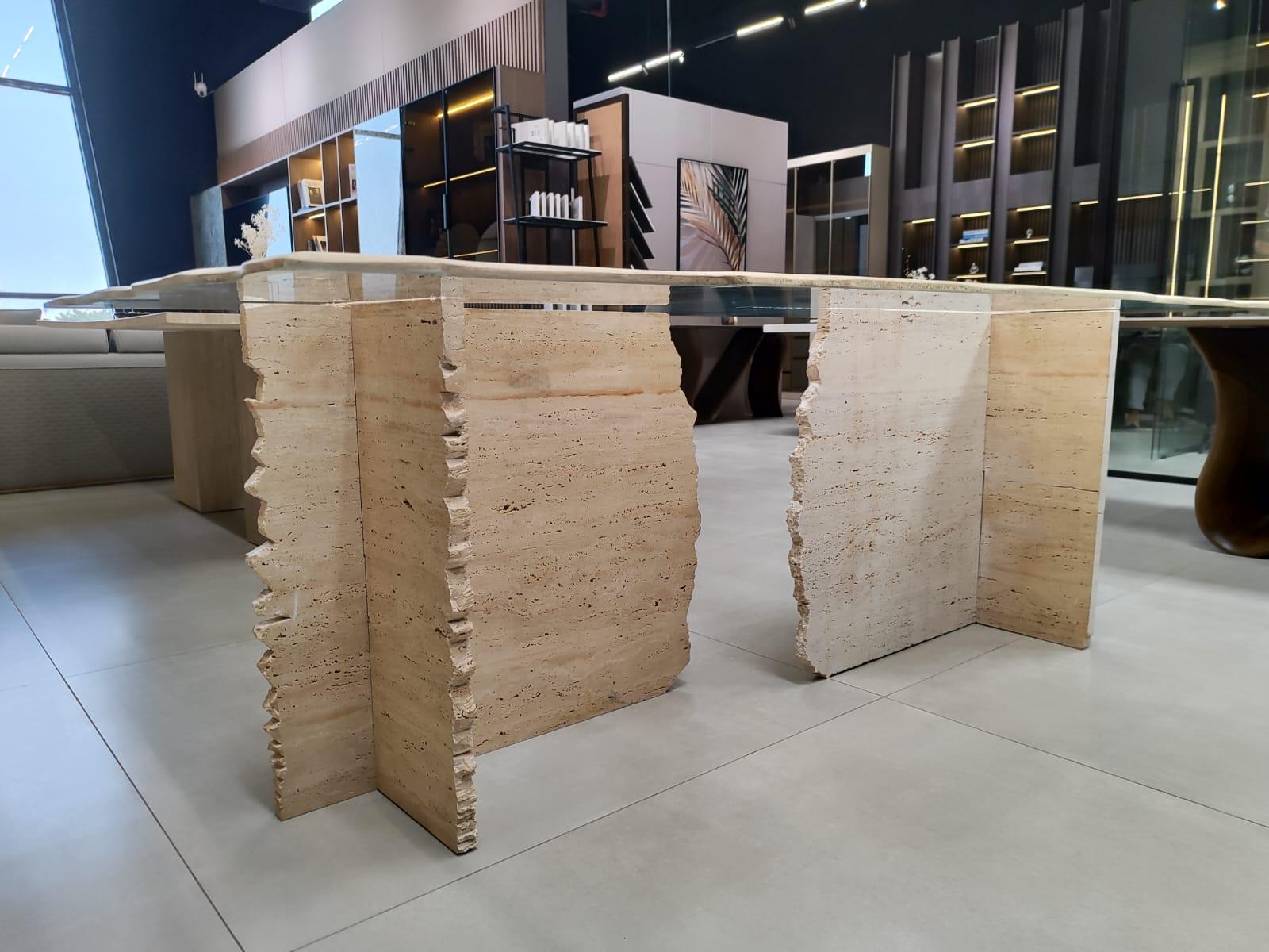 Dubai Exclusive Luxury Travertine & Glass Sculptural Coffee Table  Real