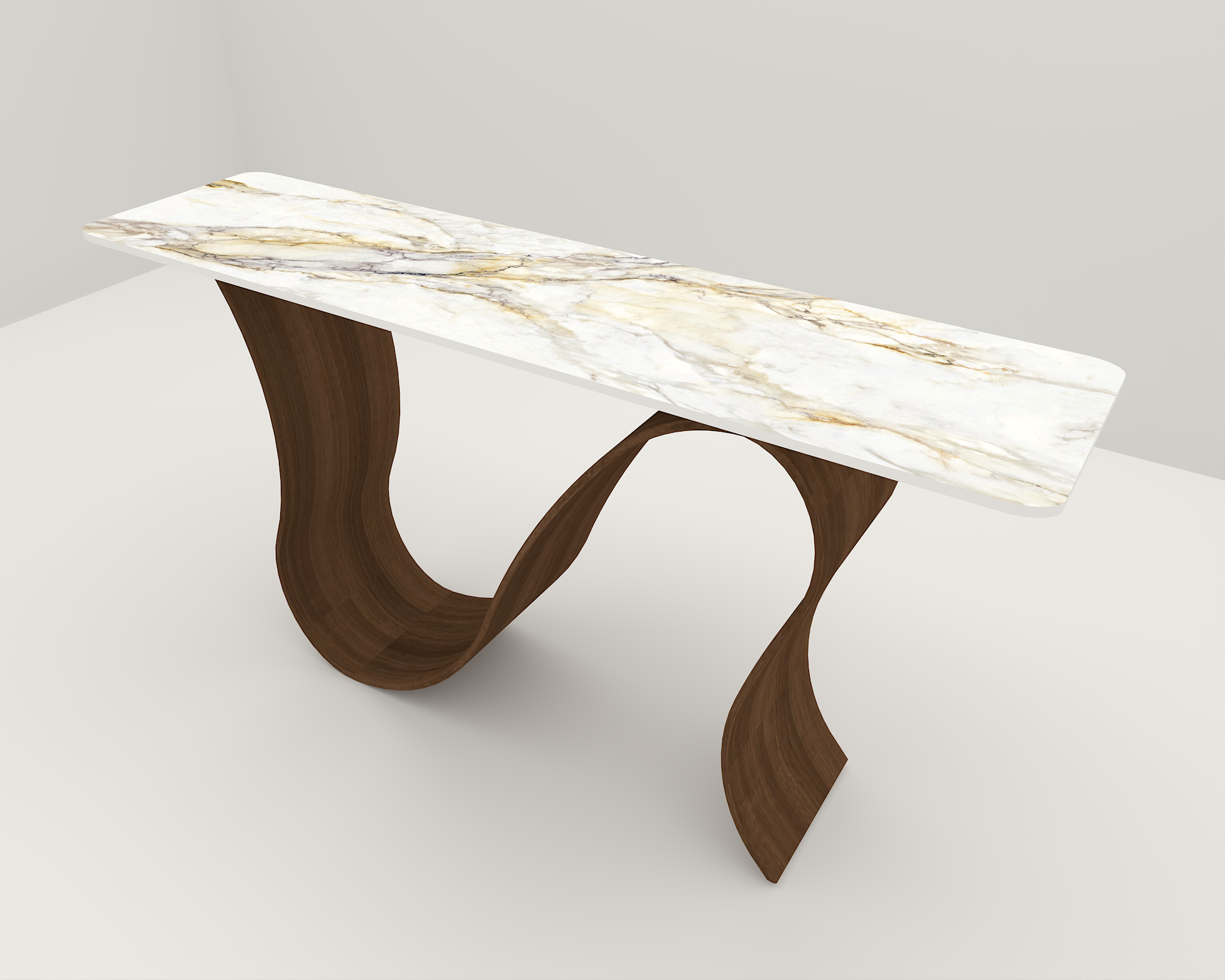 Arden gold console made of sintered stone having S-leg  shaped base