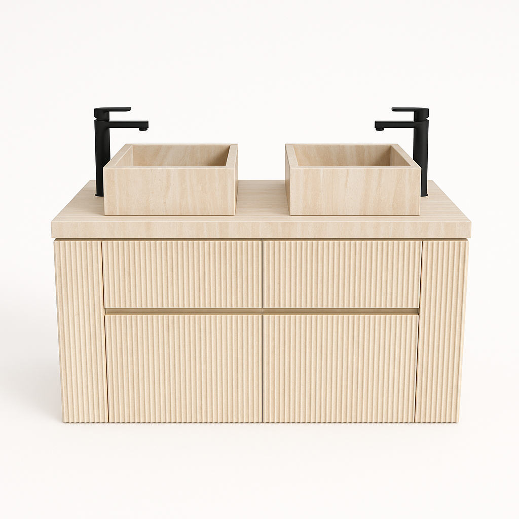 Exposed Basin Island with Grooved Porcleain Shutter Vanity Drawers