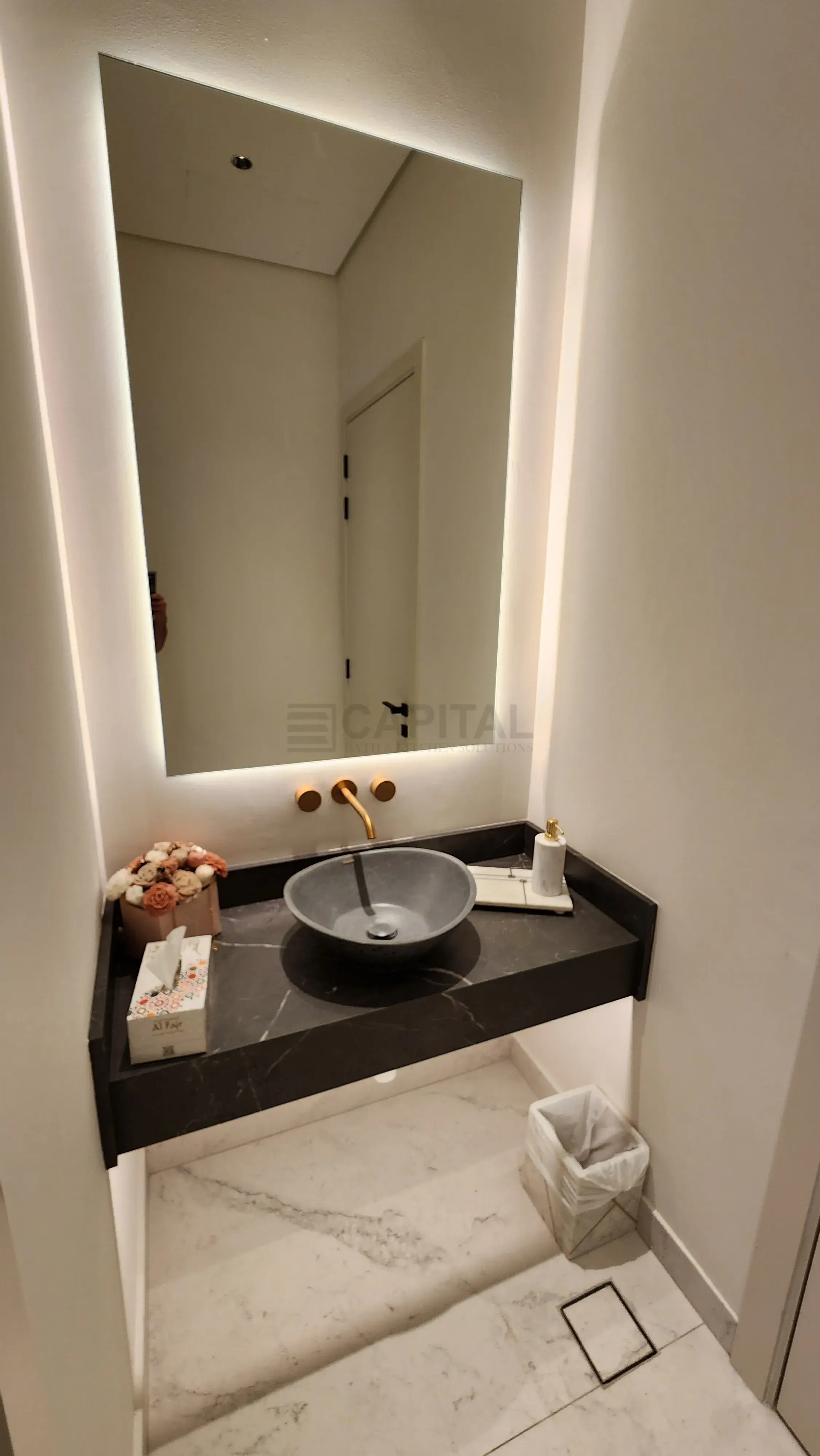 Solo Series Matte Black Vessel Console with Integrated LED Mirror