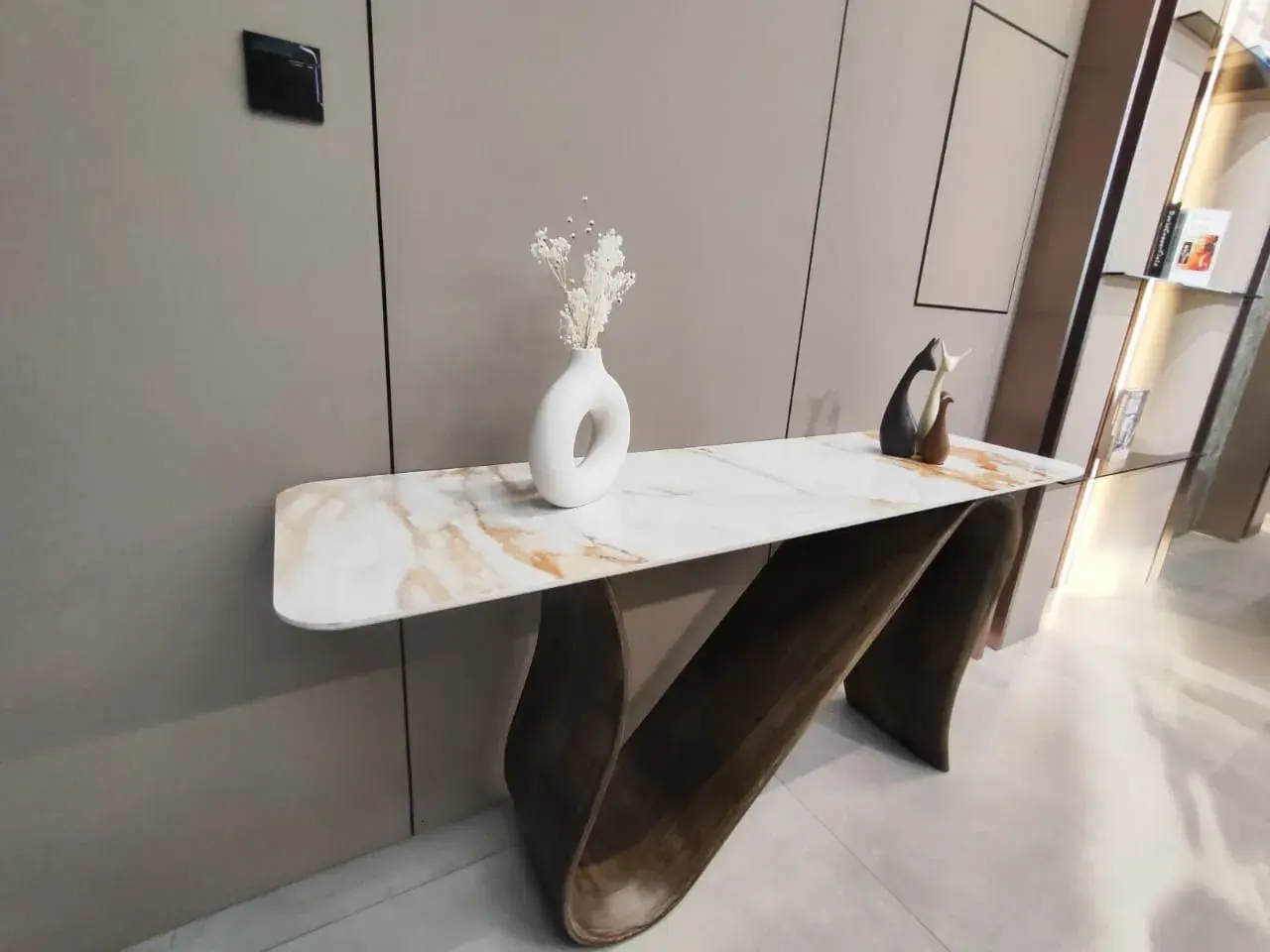 Luxury Console Table Featuring White Carrara Marble Top and Dark Walnut Base 3D