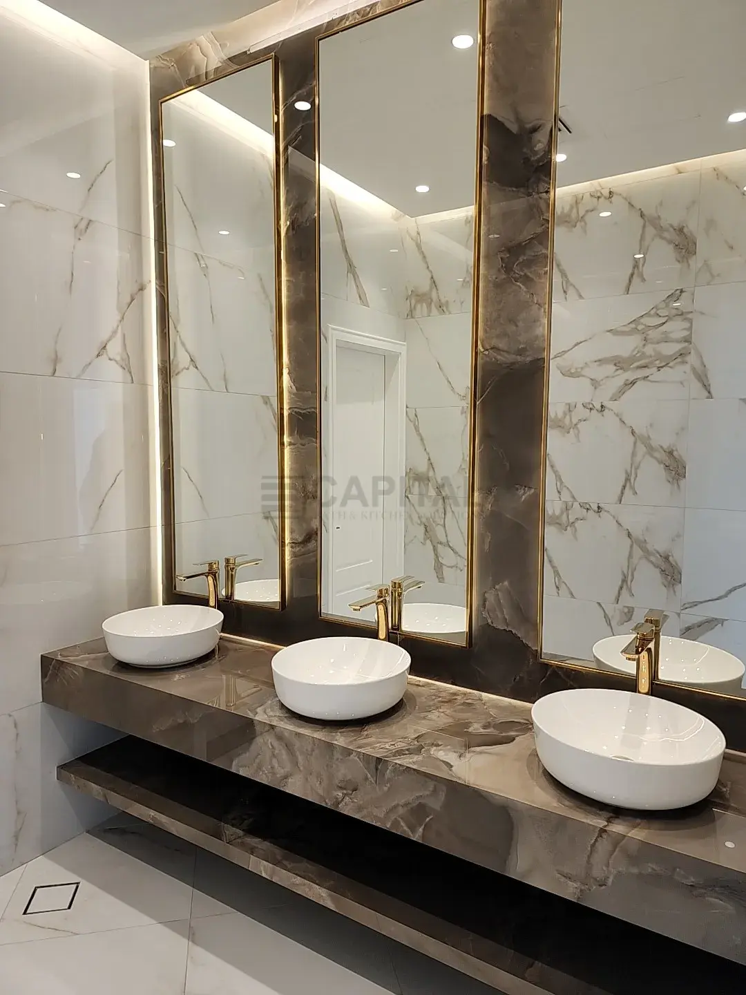 Mini Pearl Triple Vessel Console with Marble-Vein Pillar Mirrors