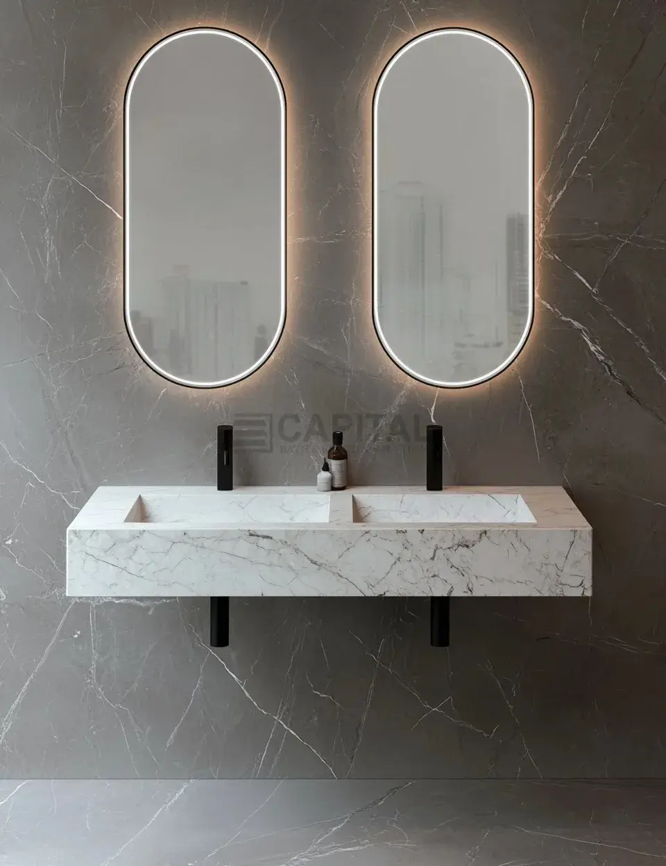 Wall-mounted built-in porcelain basin made with Calacatta marble
