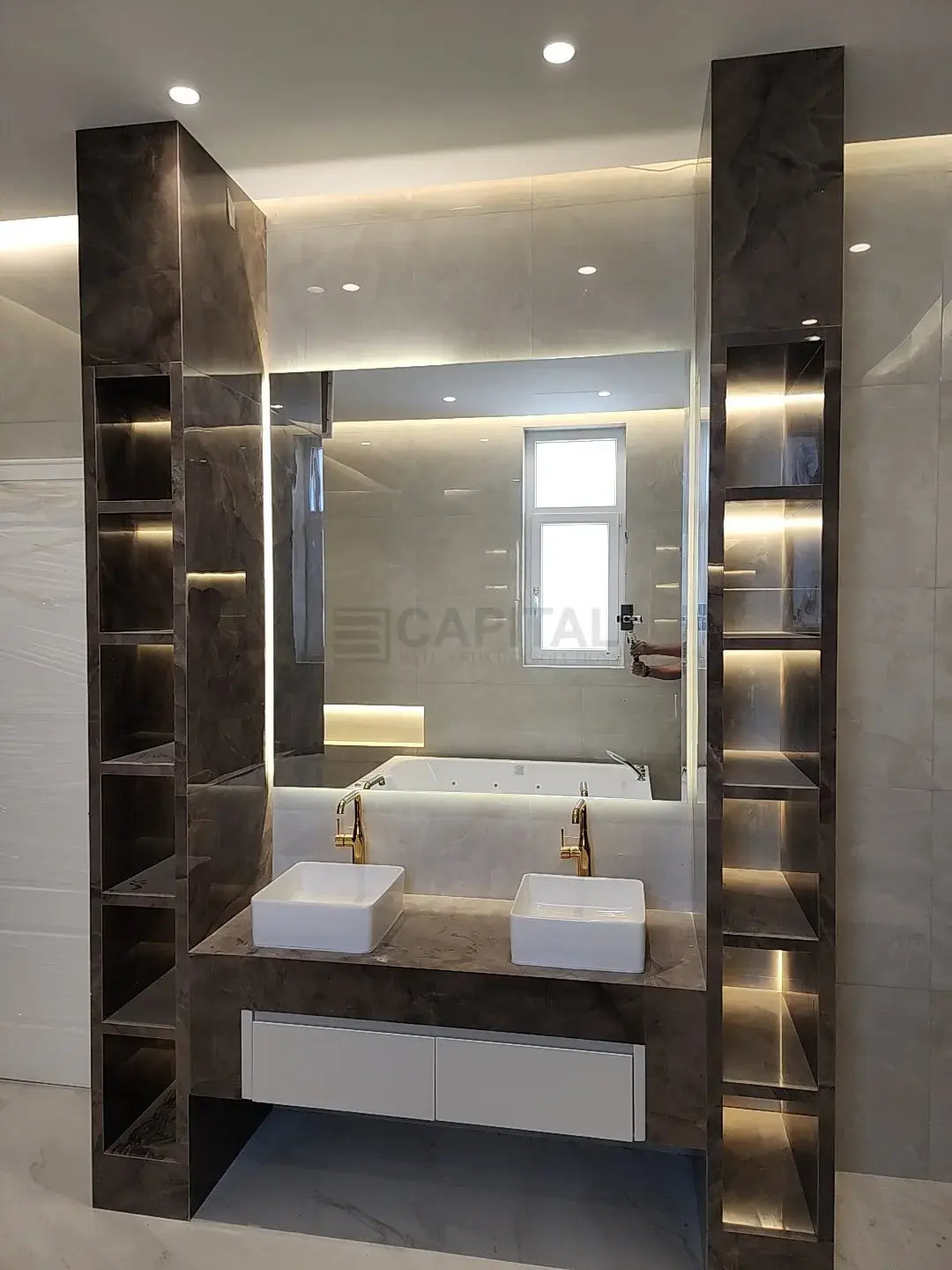 Dual Drop-In Bowl Vanity with Fluted Pillar Supports