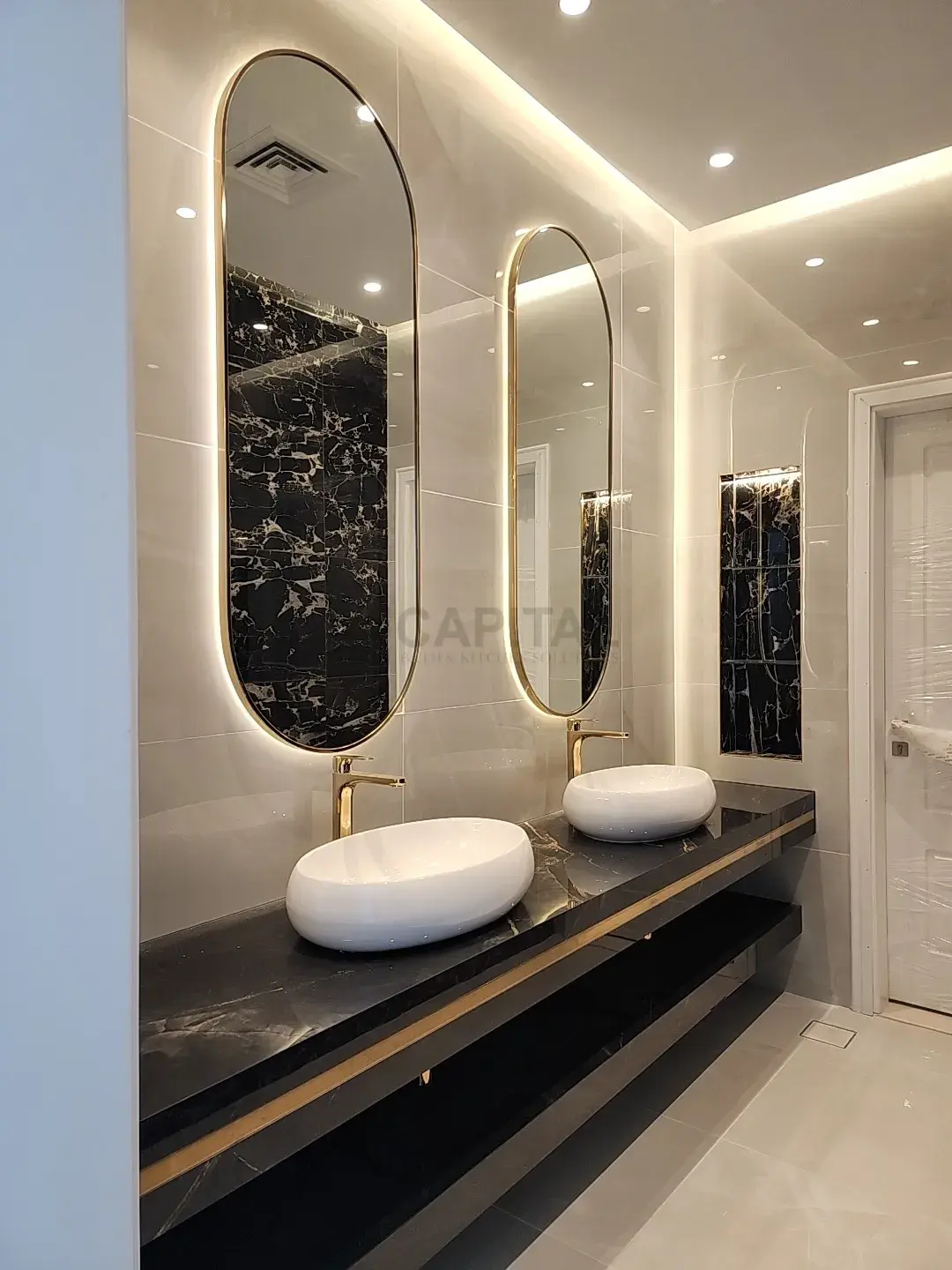 Mini Pearl Dual Vessel Console with Matte Black Top & Arched LED Mirrors 