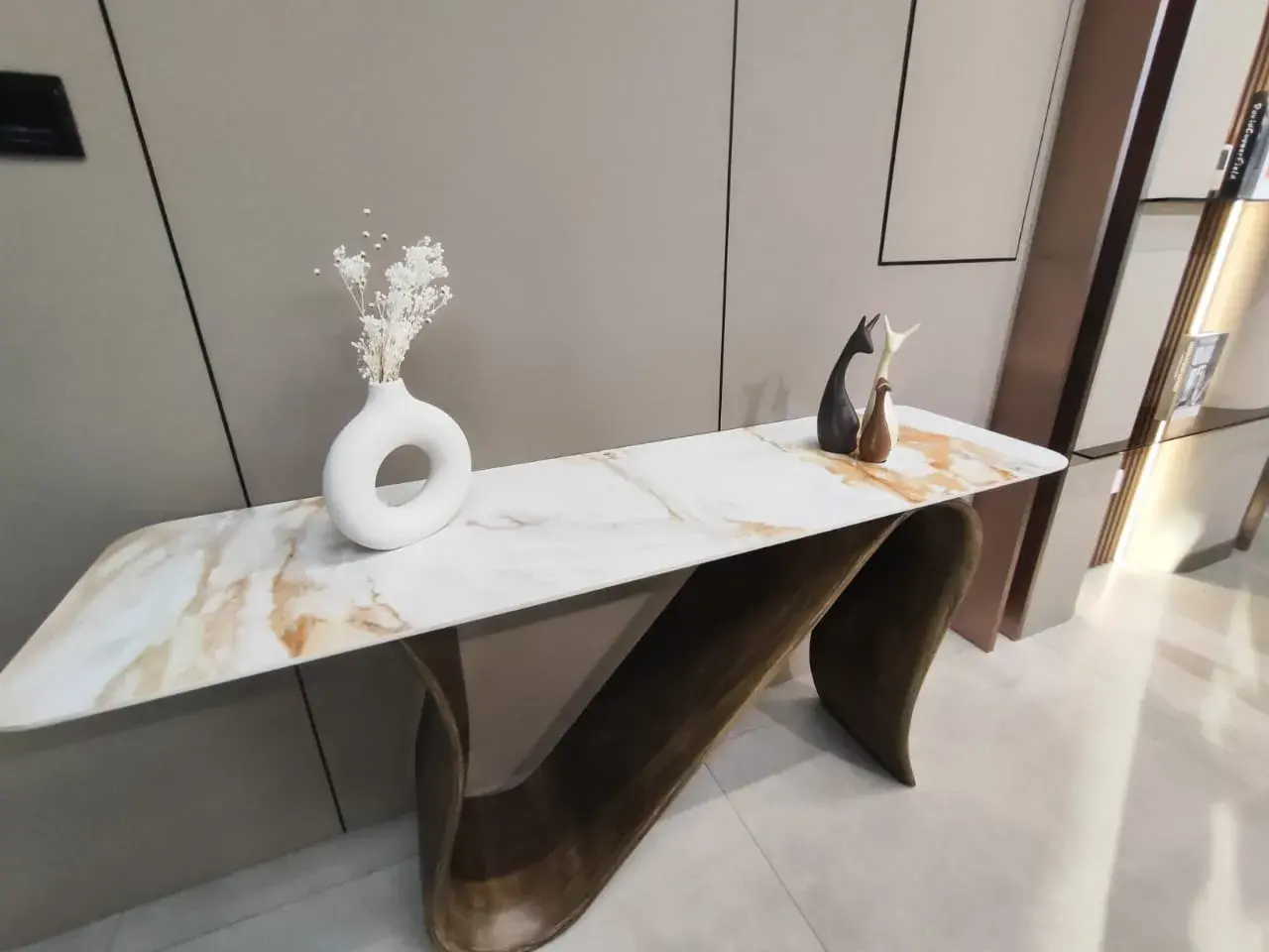 Luxury Console Table Featuring White Carrara Marble Top and Dark Walnut Base Real