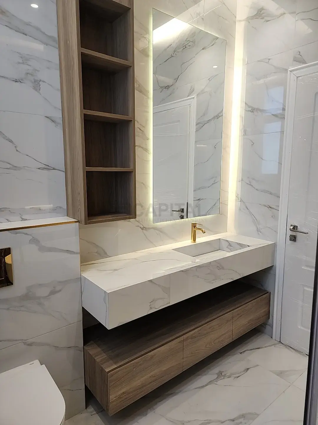 Wall-Mounted Porcelain Slab Vanity with Vertical Drawer Unit 