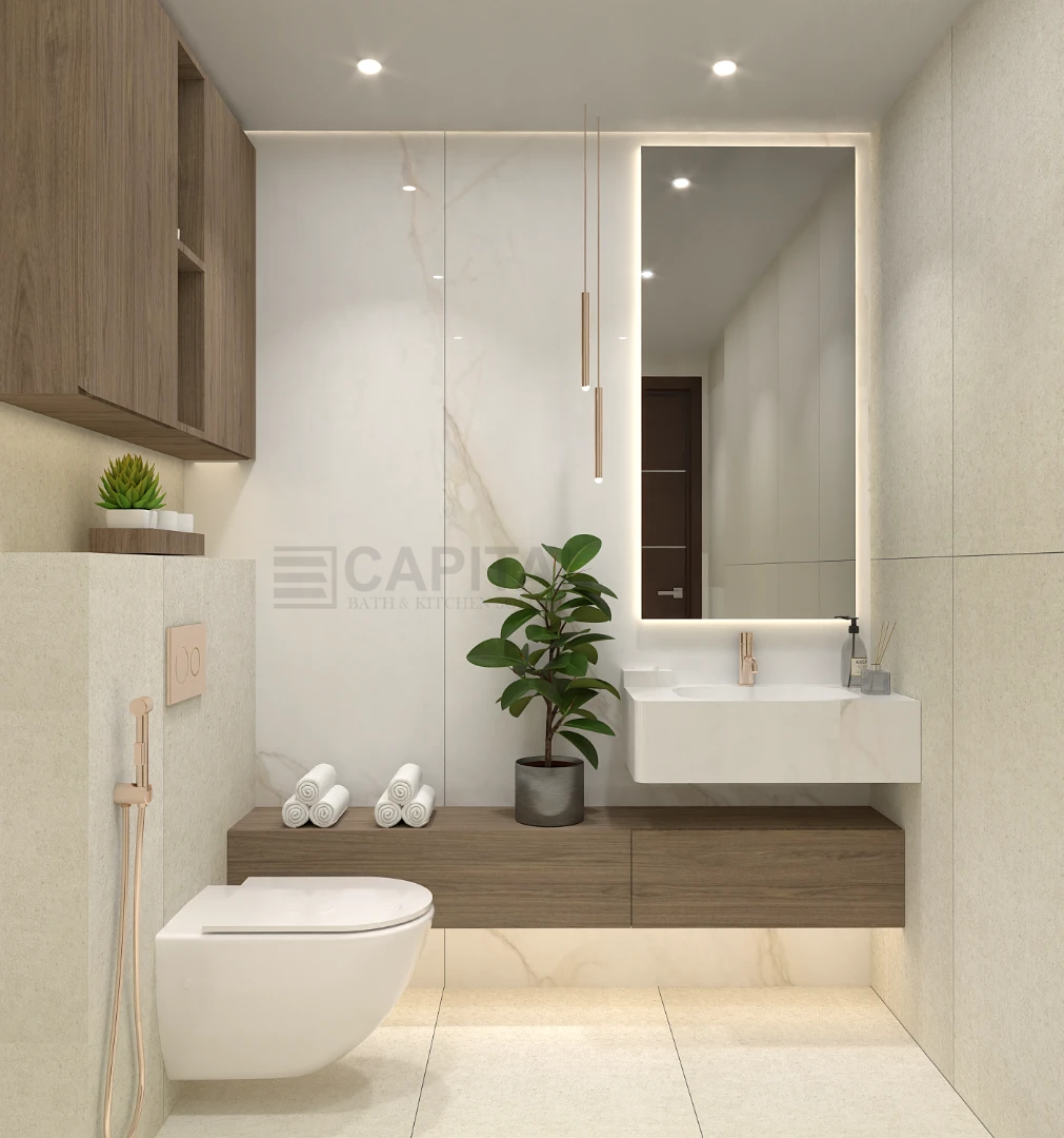 Compact Modern Porcelain Bathroom with Smart Storage & Elegant Accents 