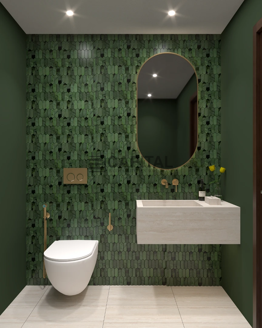 Luxury Emerald Green Porcelain Powder Room: Floating Vanity, Gold Accents  