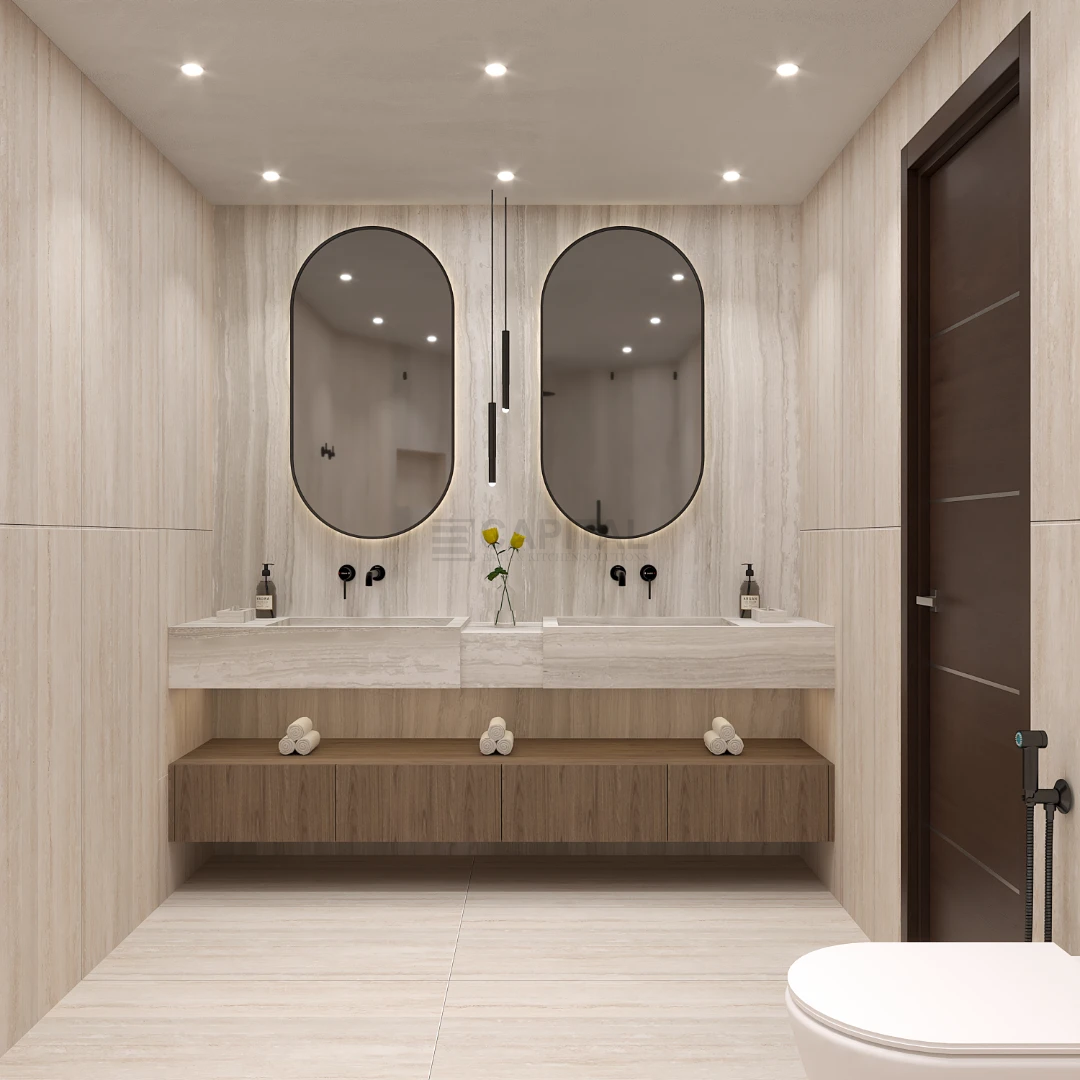 Modern Warm Neutral Master Bathroom: Dual Vanity, Ribbed Glass Shower, Black Accents 