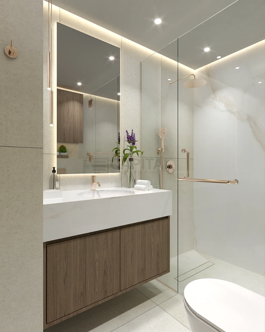  Elegant Modern Porcelain Bathroom with Rose Gold Accents & Smart Storage 