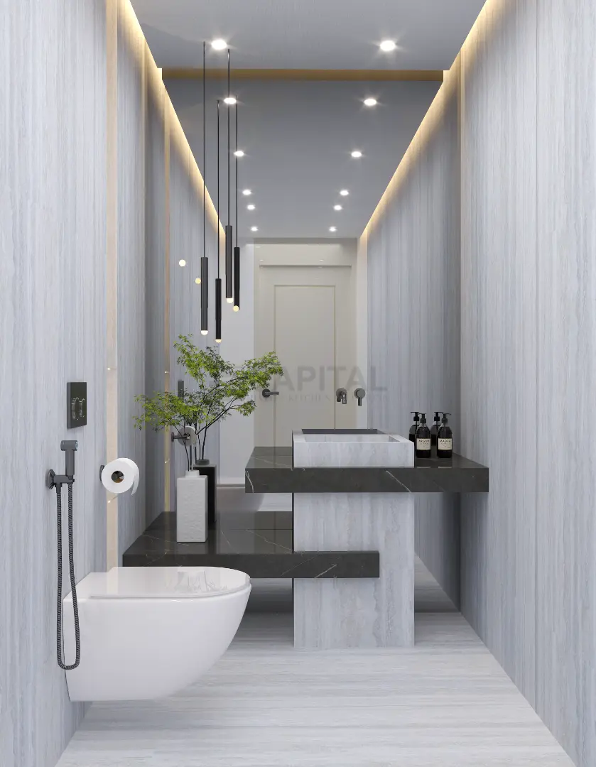 Sleek Contemporary Powder Room | Vertical Wood-Grain Tiles & Unique Vanity - UAE 