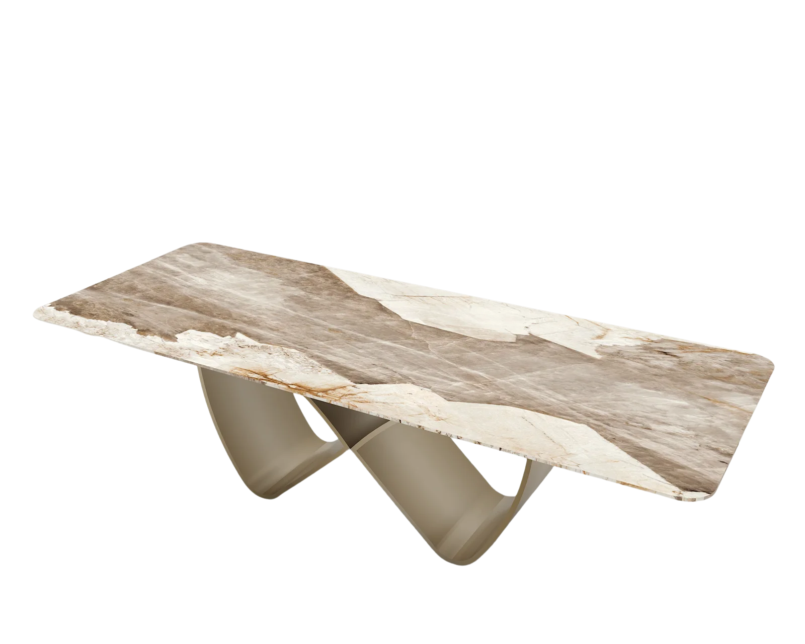 Patagonia dining table top made of sintered  stone having no facia with Matt finished infinity shaped  metal leg 3D