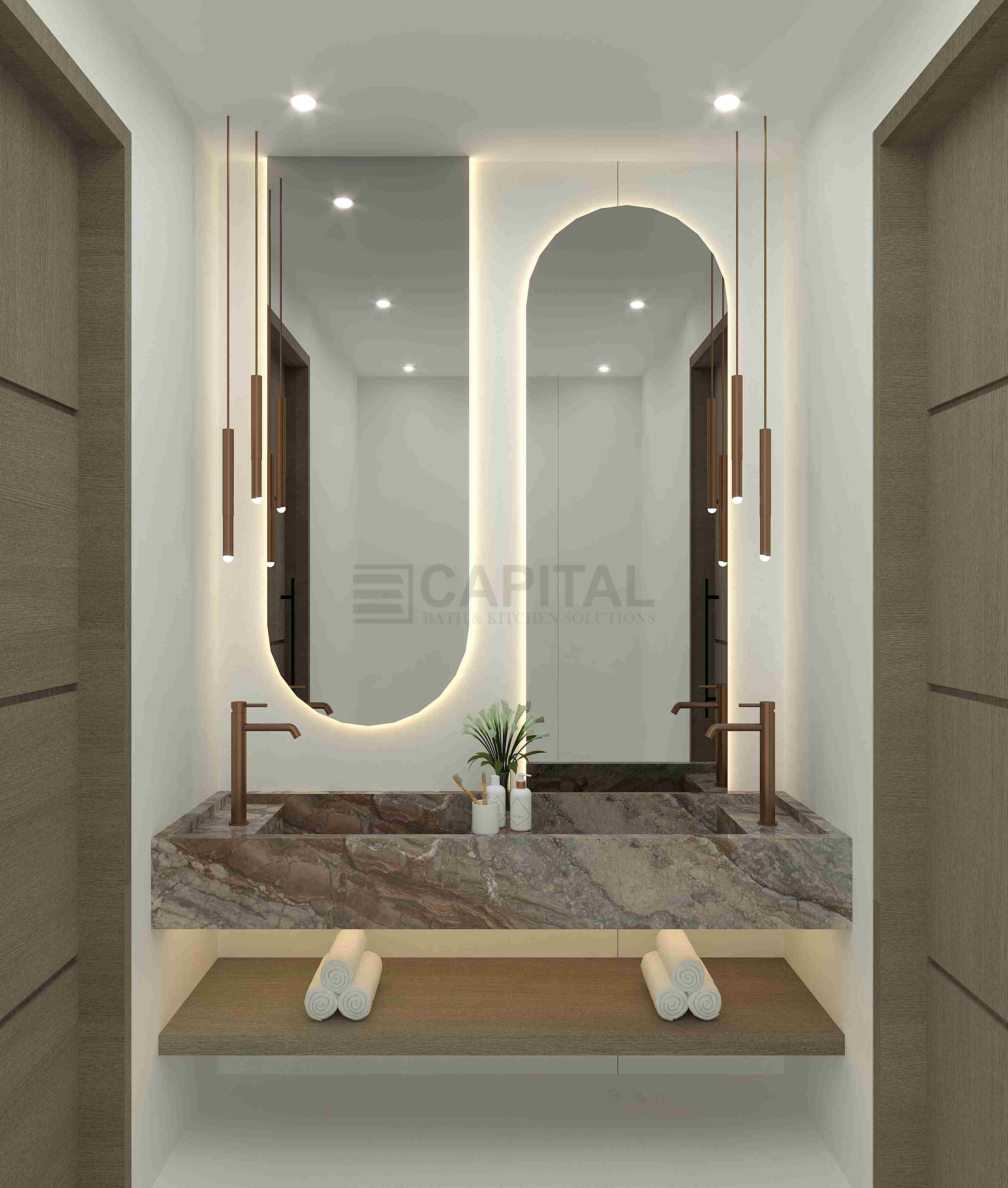 Majlis Powder Room with Arched Mirror & Brown Marble Vanity 