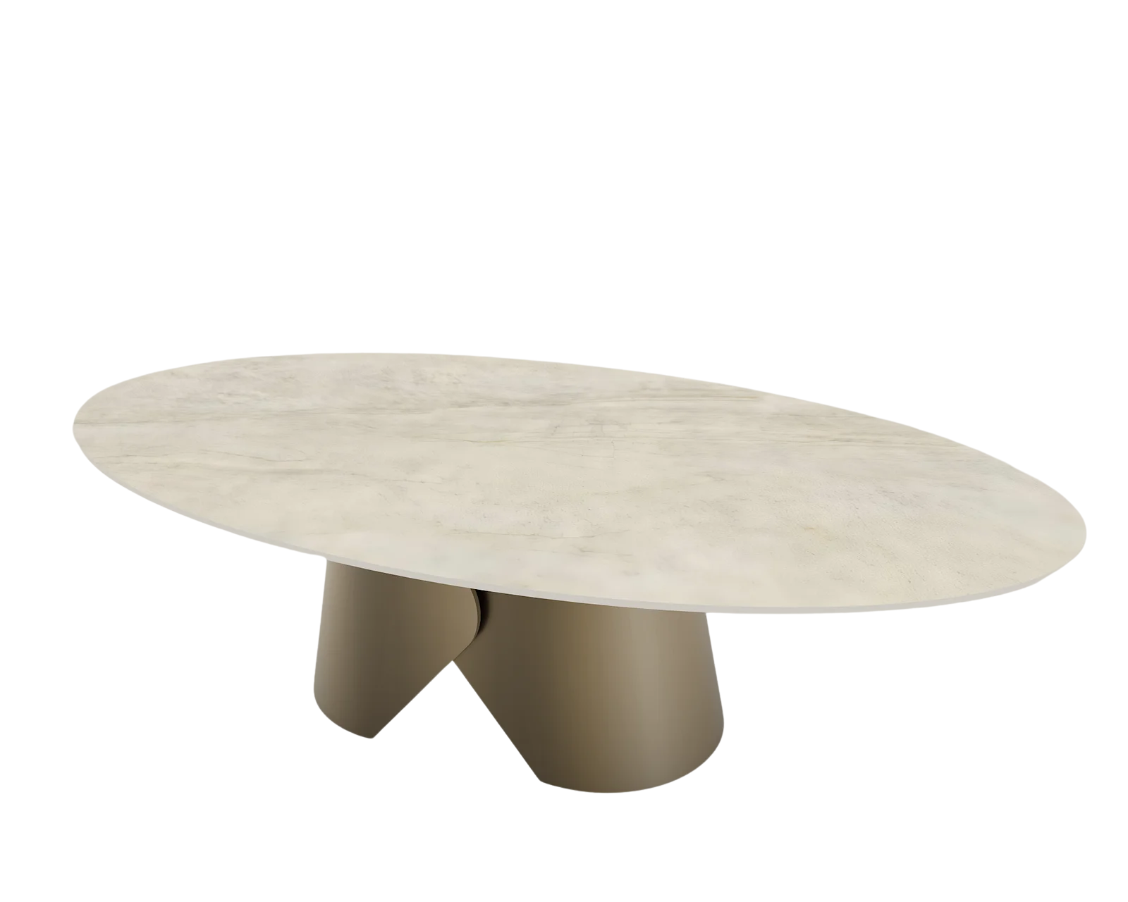 Taj Mahal oval dining table top made of sintered  stone having no facia with curved shaped joint metal leg base 3D