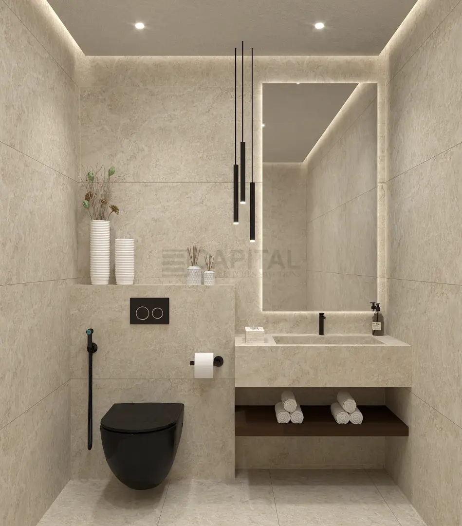 Modern Minimalist Powder Room: Bold Contrasts & Integrated Design